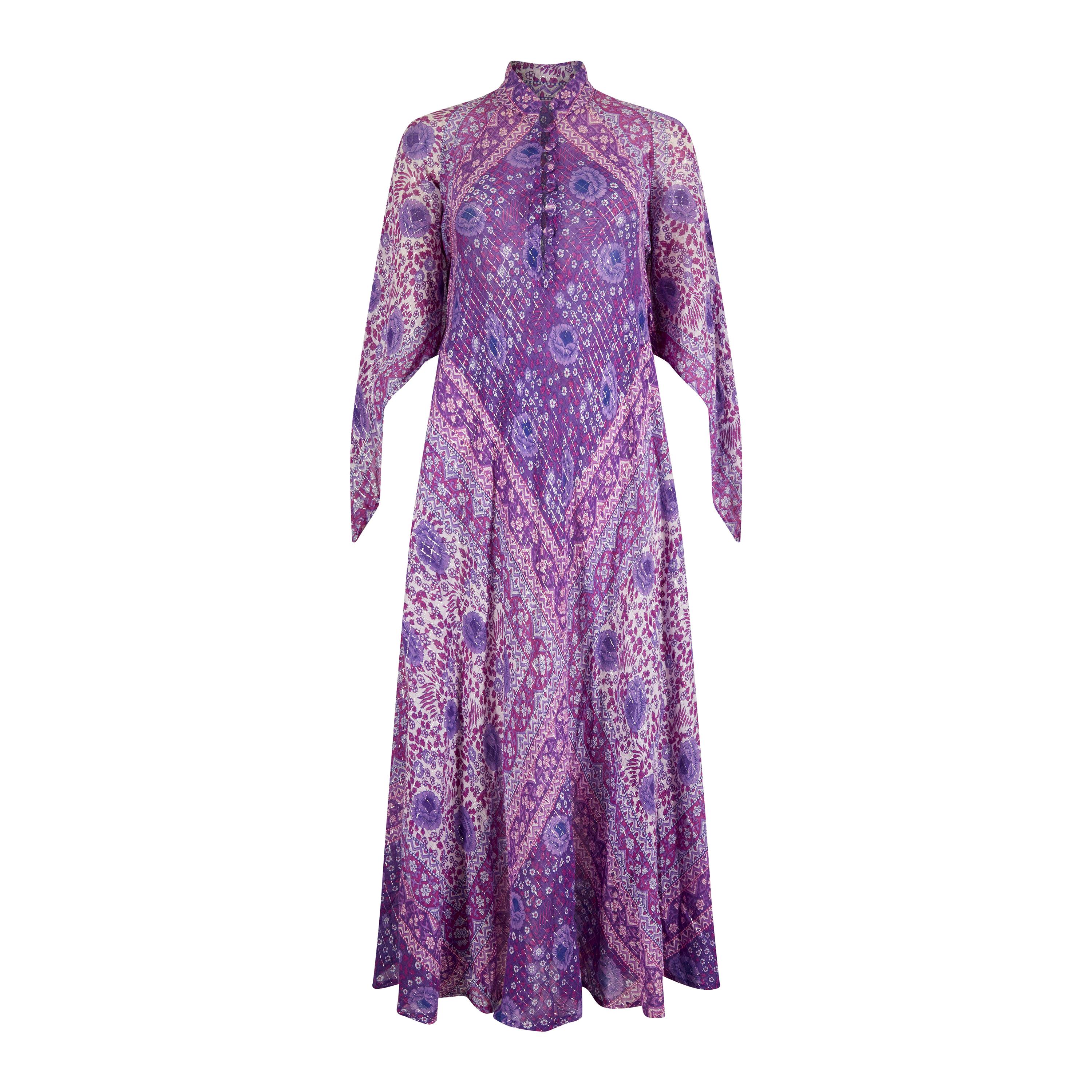 1978 Rare Purple Adini Sultana Dress With Angel Sleeves and Metallic Thread
