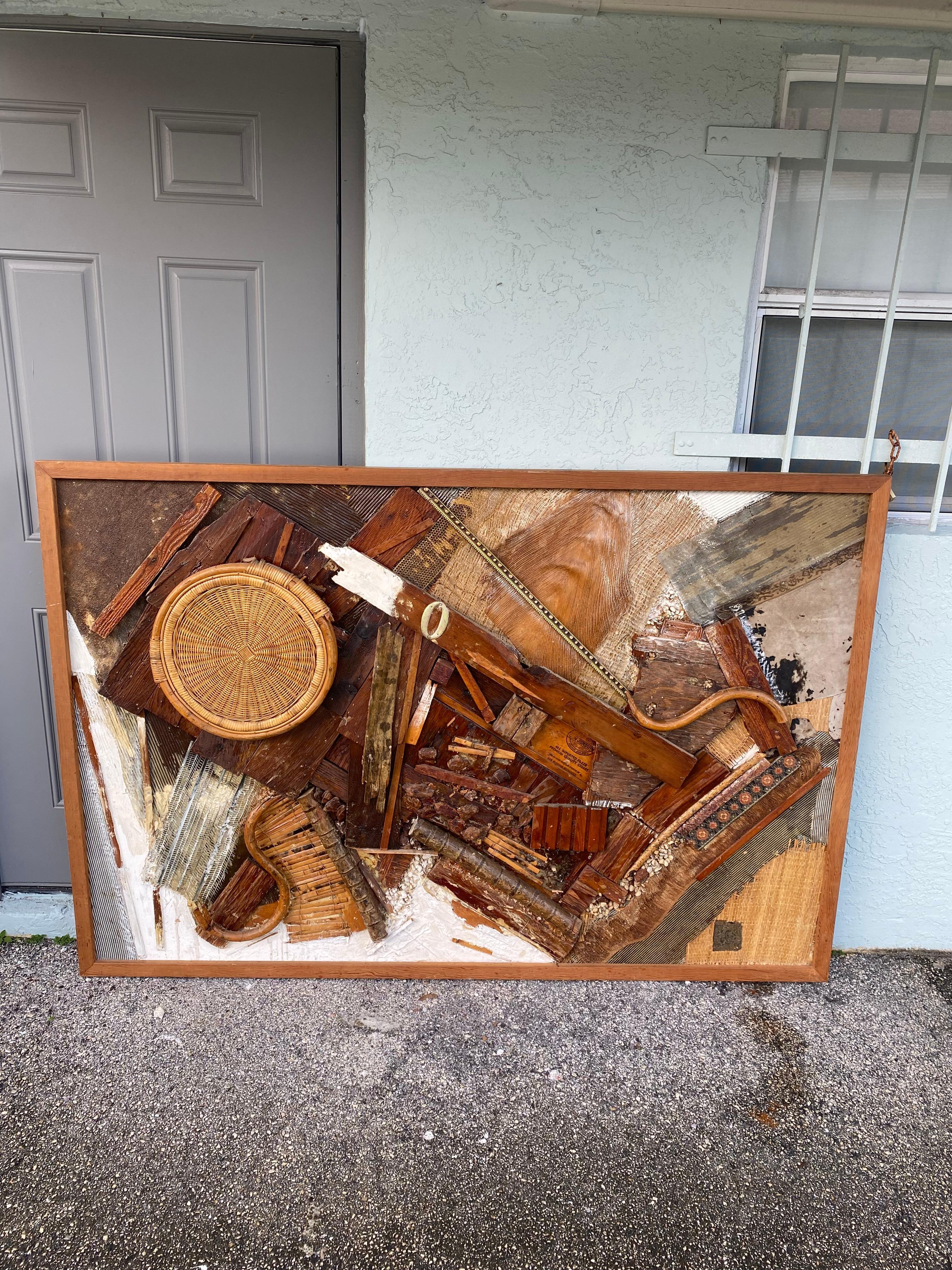 1960s Rare Monumental Sculptural Rattan and Wood Mixed Media Abstract Art In Good Condition For Sale In Fort Lauderdale, FL