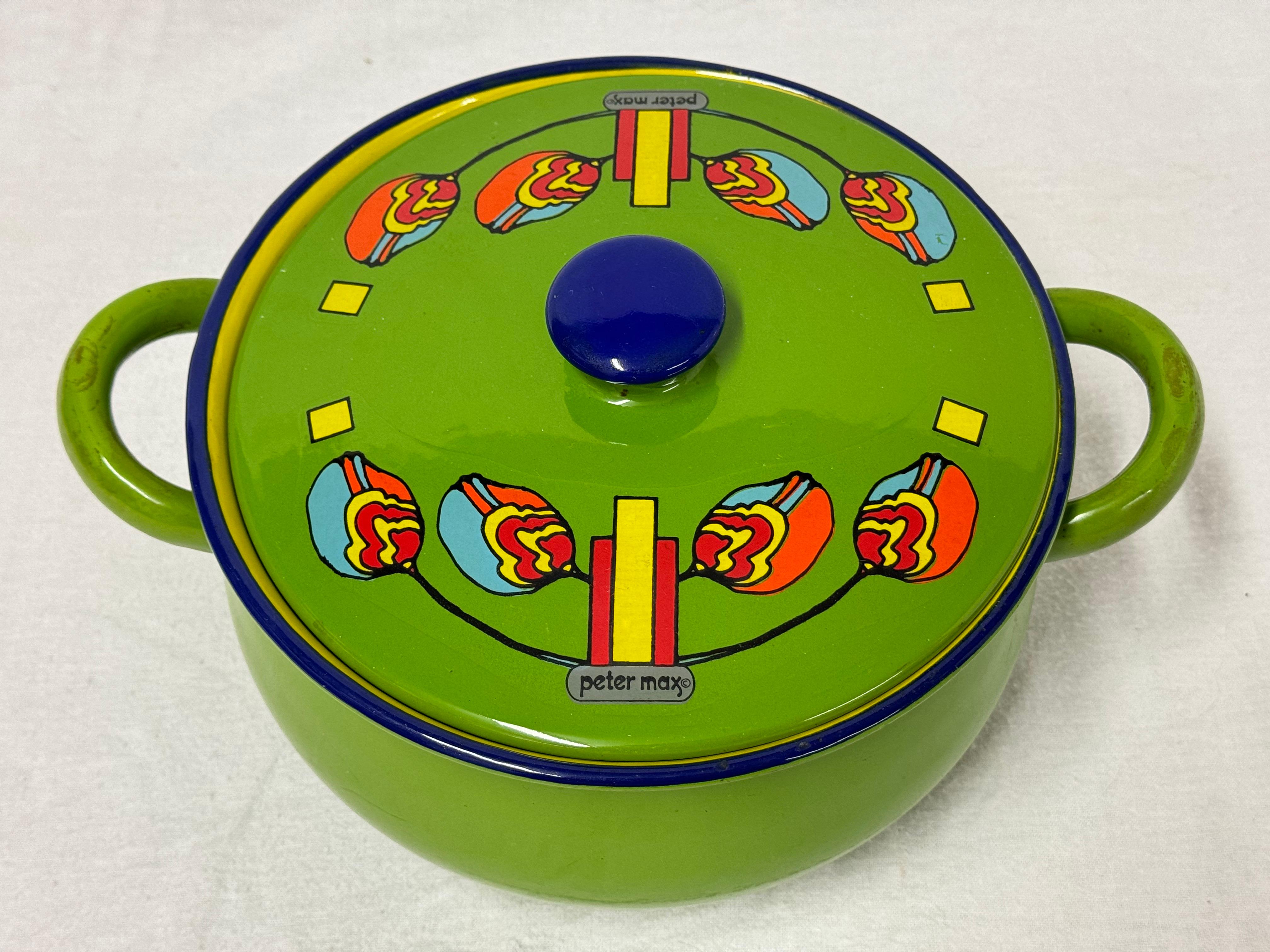 Raro recipiente esmaltado psicodélico firmado por Peter Max de los años 60 Moderno de mediados de siglo en venta