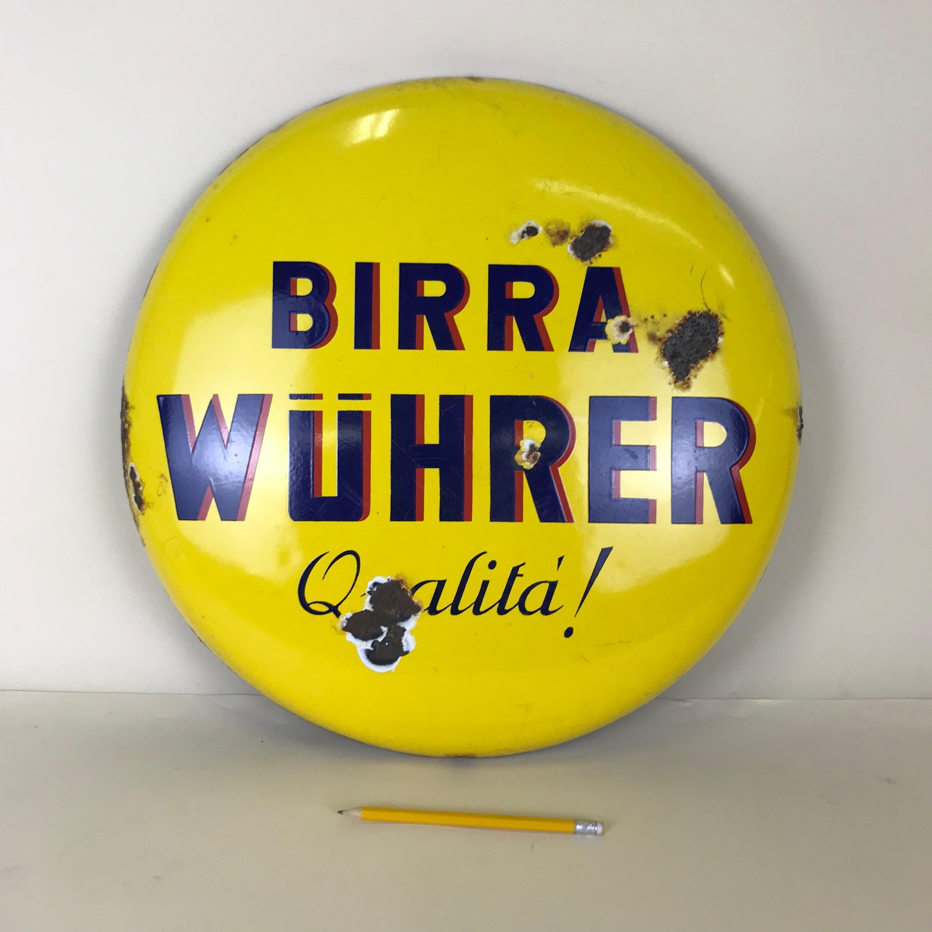 1960s Rare Vintage Yellow Wührer Beer Button Sign Made in Italy (Moderne der Mitte des Jahrhunderts) im Angebot