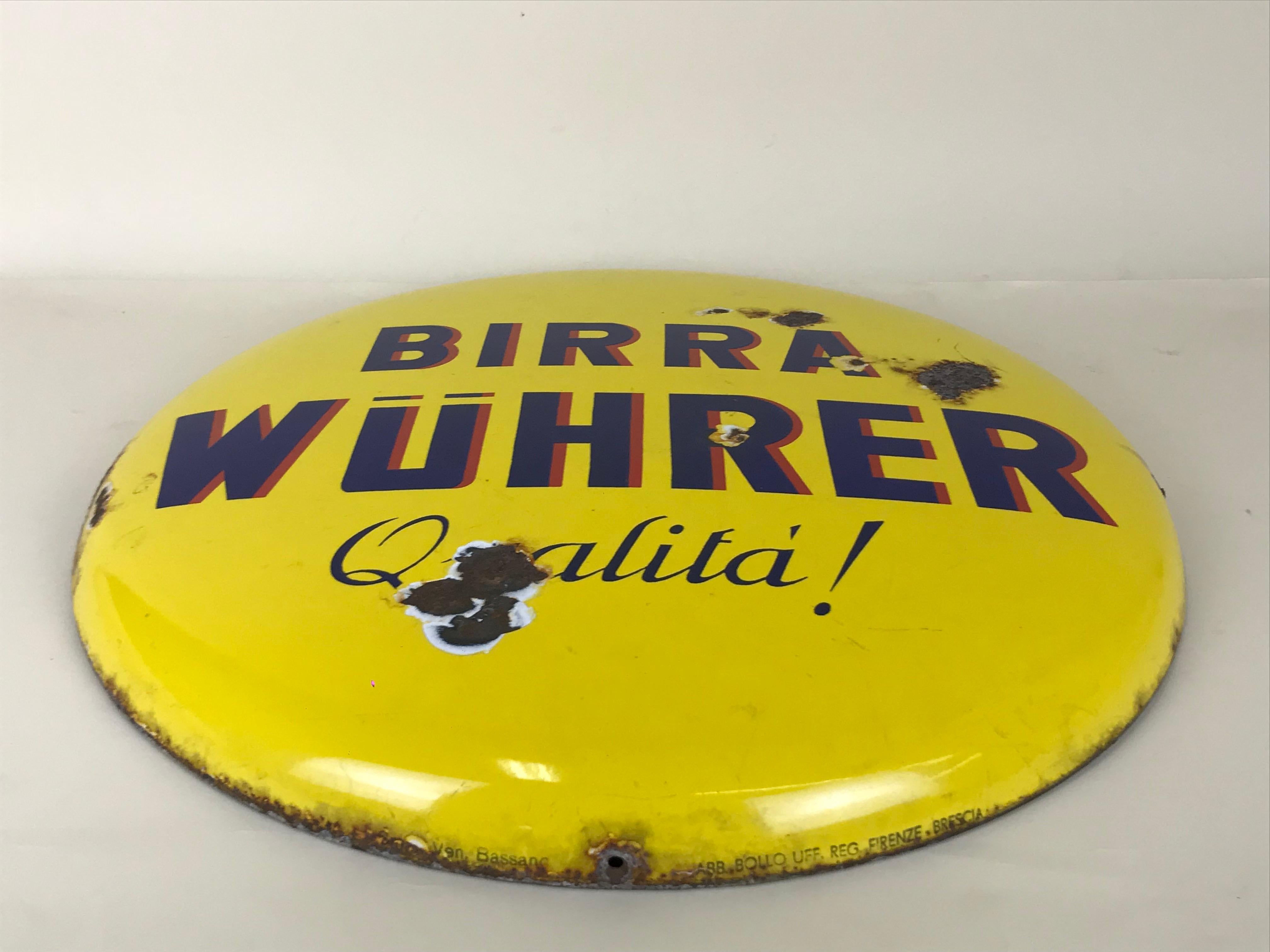 1960s Rare Vintage Yellow Wührer Beer Button Sign Made in Italy (Italienisch) im Angebot