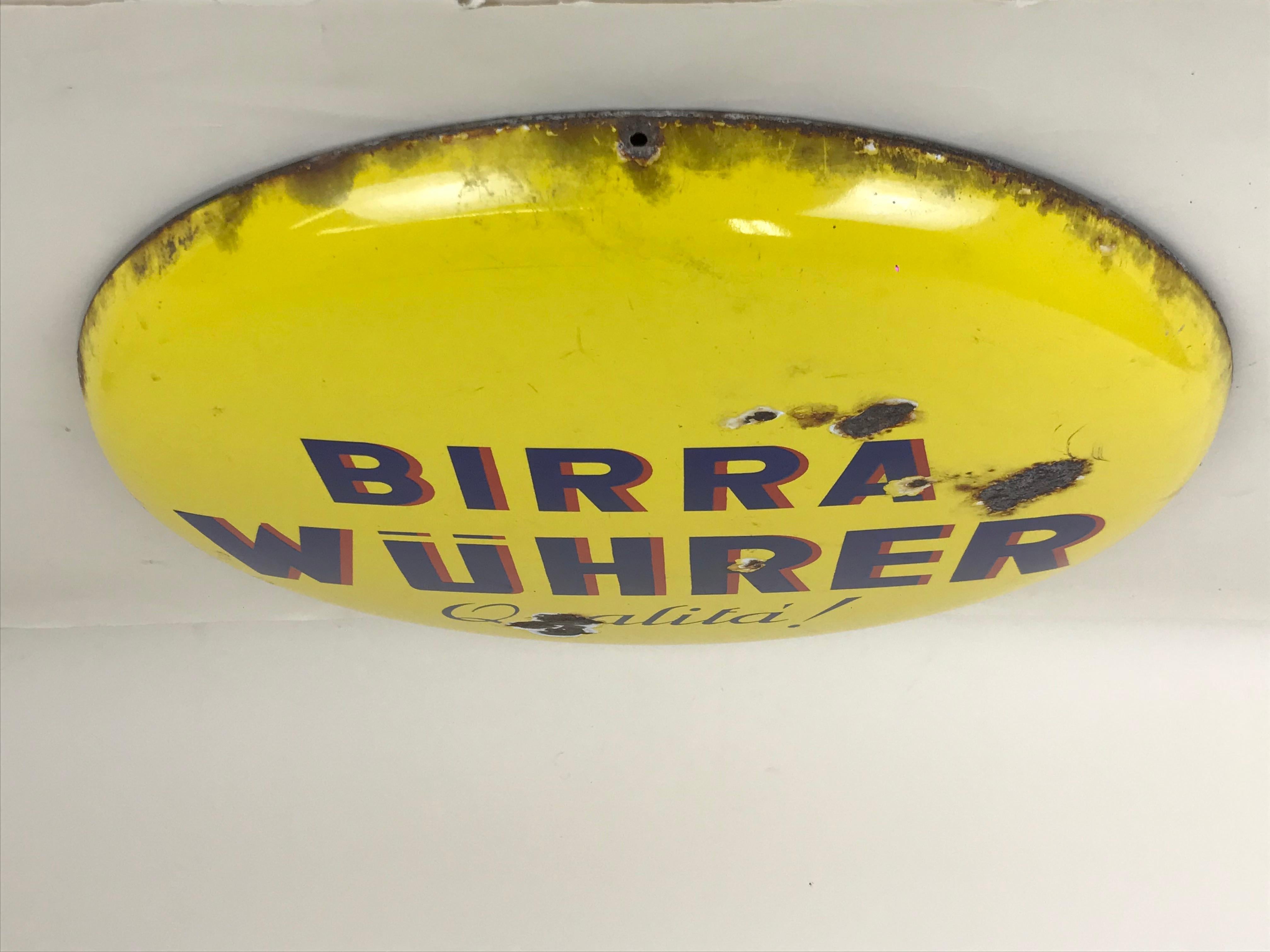 1960s Rare Vintage Yellow Wührer Beer Button Sign Made in Italy (Mitte des 20. Jahrhunderts) im Angebot