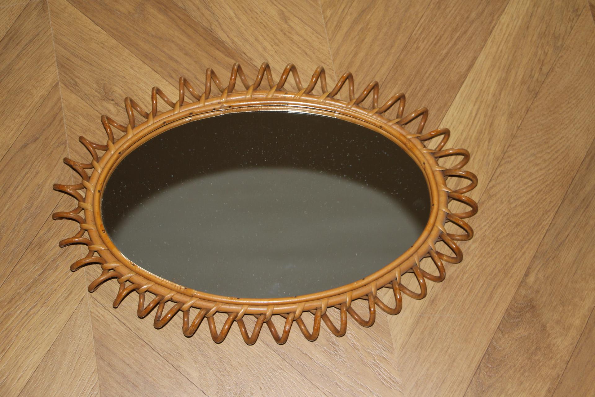 Mid-20th Century 1960s Rattan and Bamboo Round Wall Mirror by Franco Albini For Sale