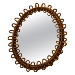 1960s Oval Rattan and Bamboo Wall Mirror in Franco Albini Style