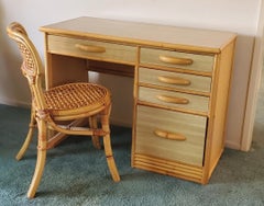 1960s Rattan And Formica Right Sided Writing Desk With Matching Chair