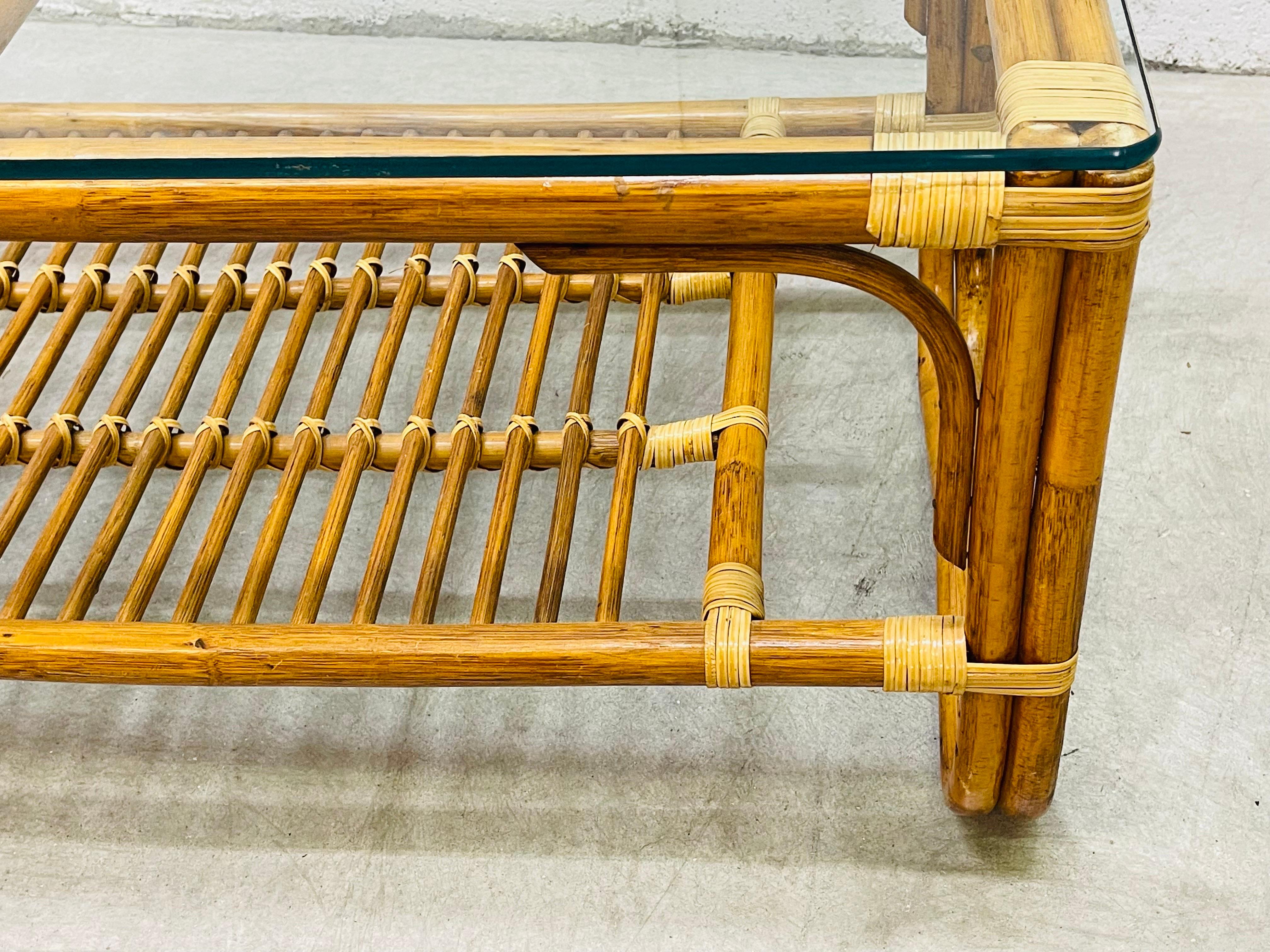 Mid-Century Modern 1960s Rattan and Glass Top Coffee Table For Sale