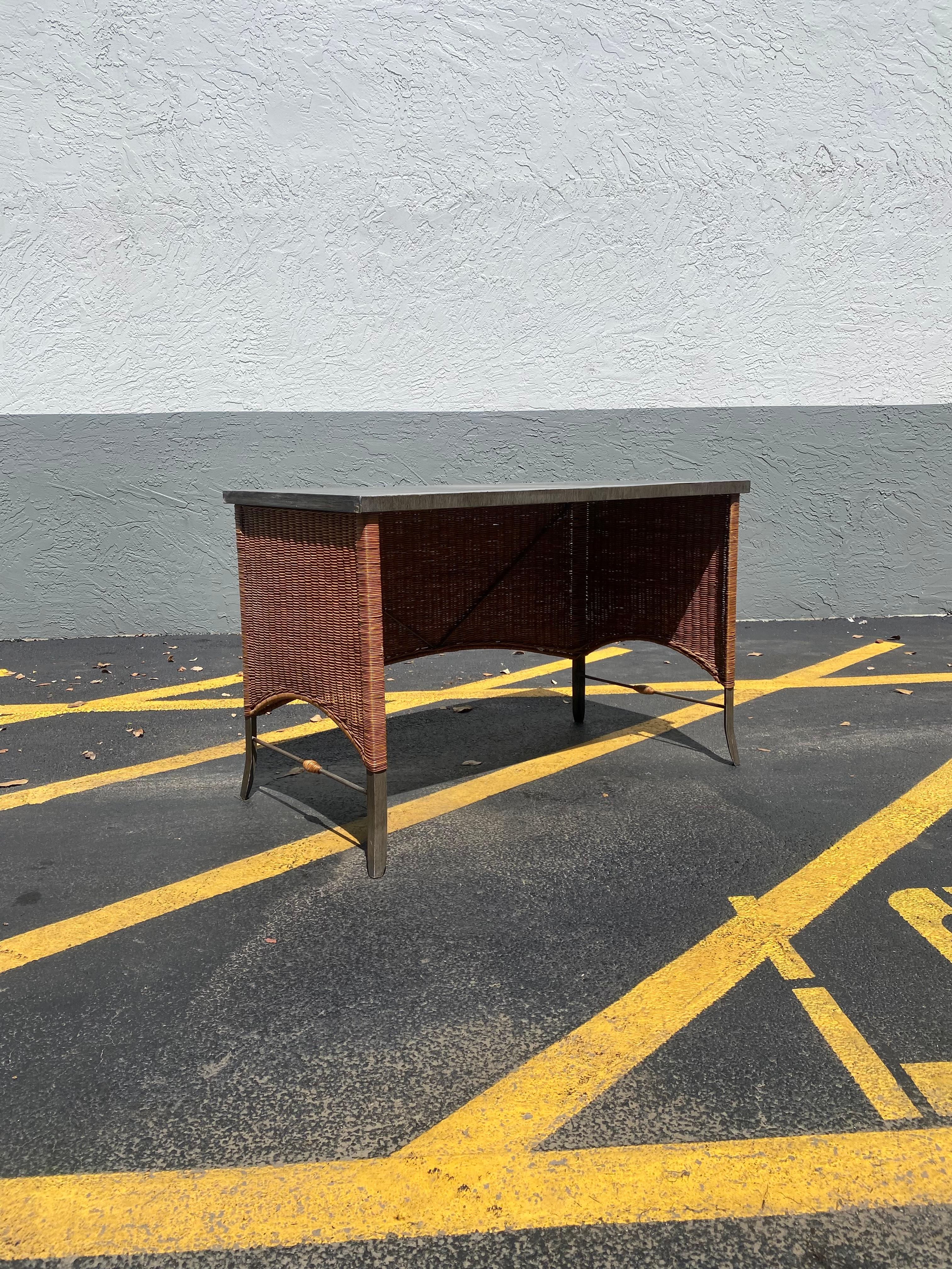 American 1960s Rattan and Iron Writing Table Desk For Sale