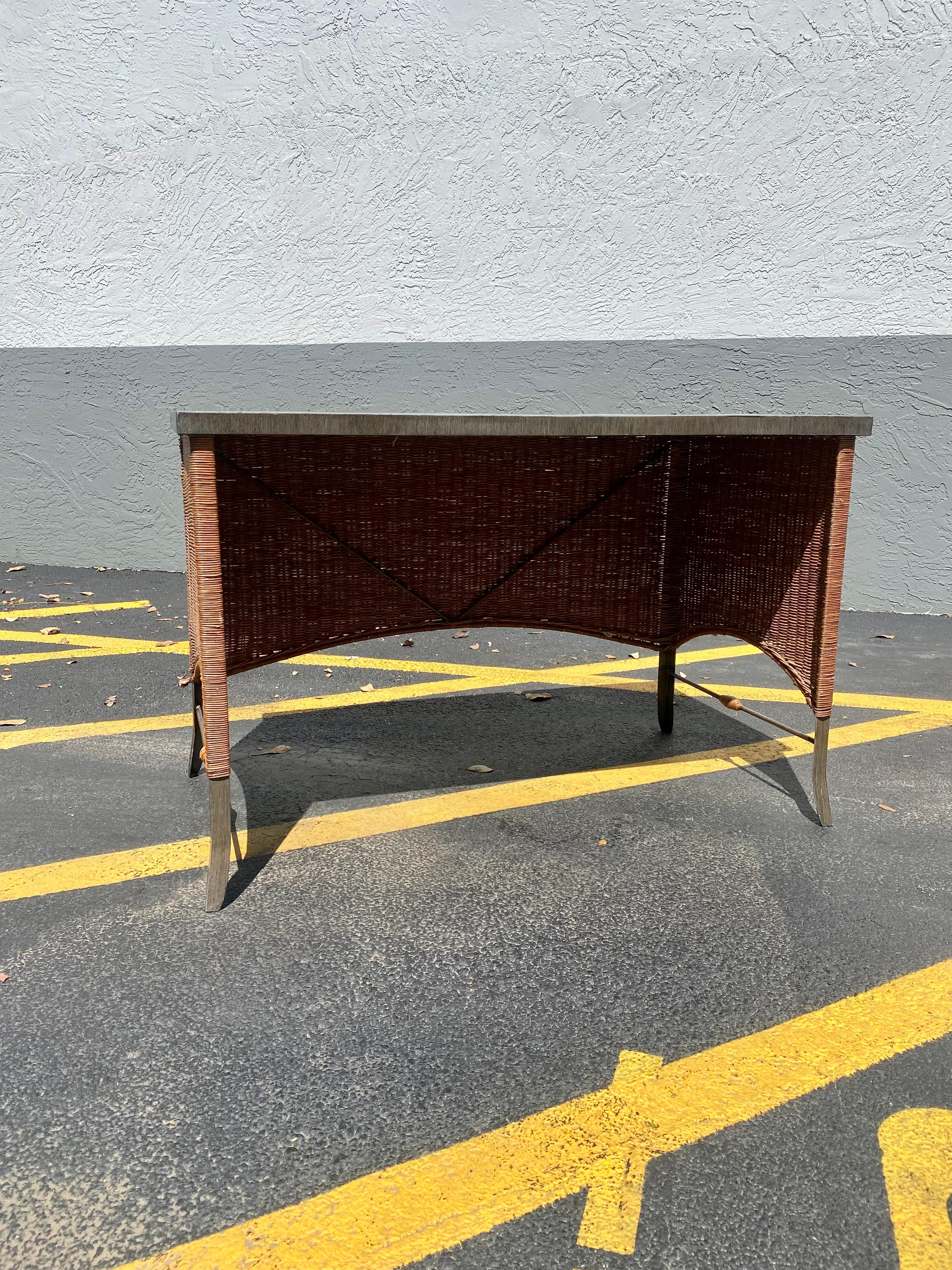 1960s Rattan and Iron Writing Table Desk In Good Condition For Sale In Fort Lauderdale, FL
