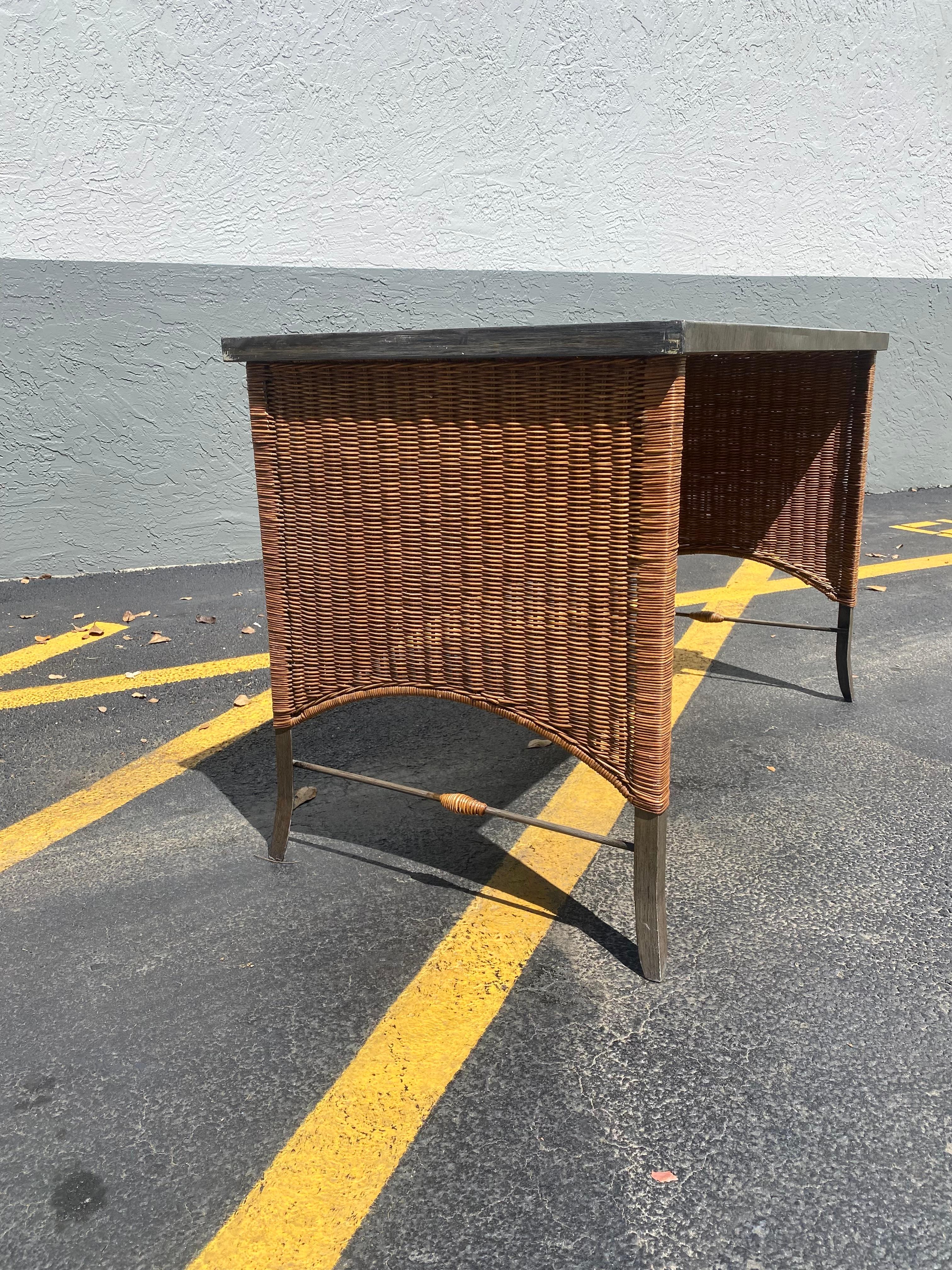 Mid-20th Century 1960s Rattan and Iron Writing Table Desk For Sale