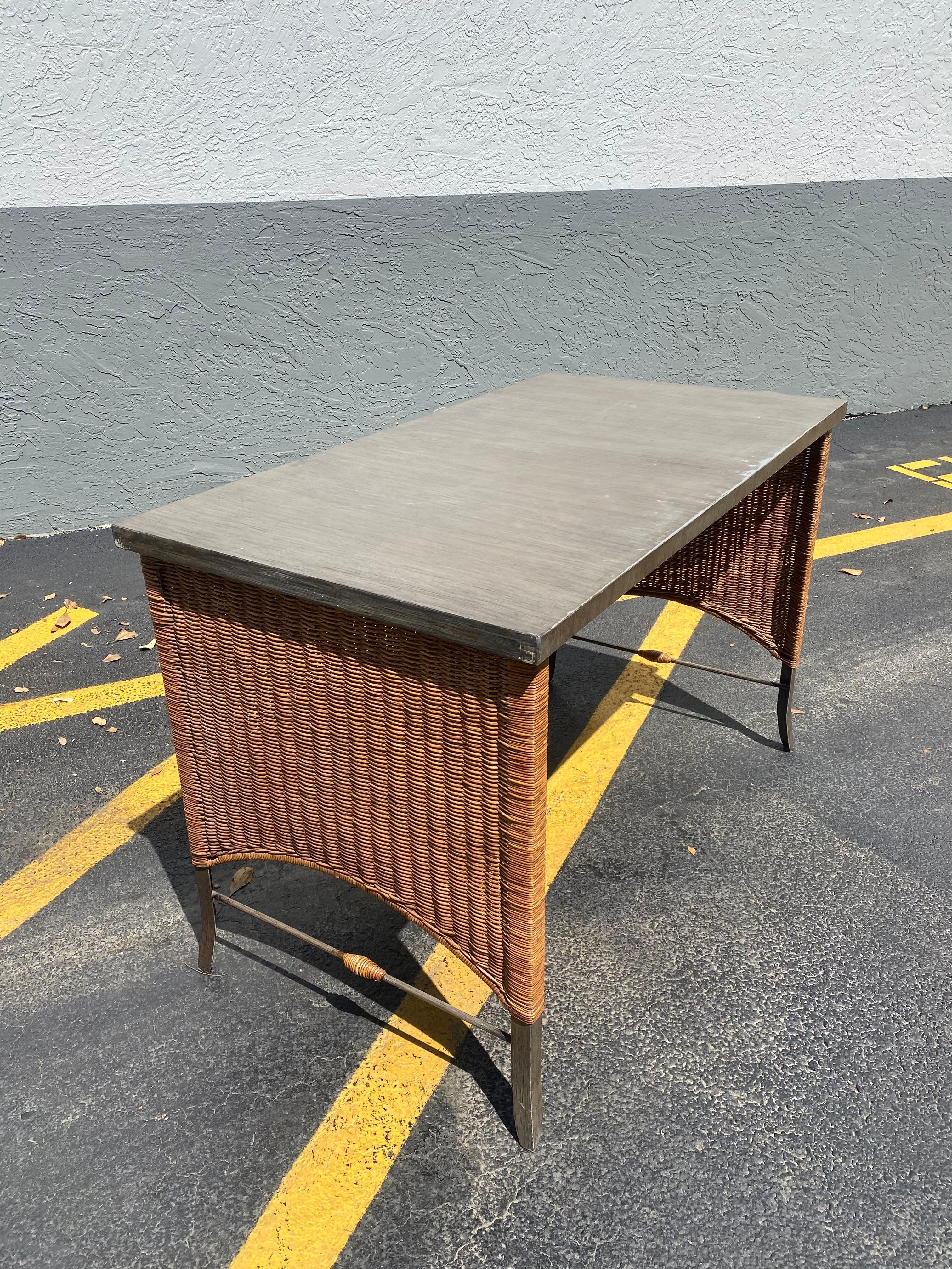 1960s Rattan and Iron Writing Table Desk For Sale 1