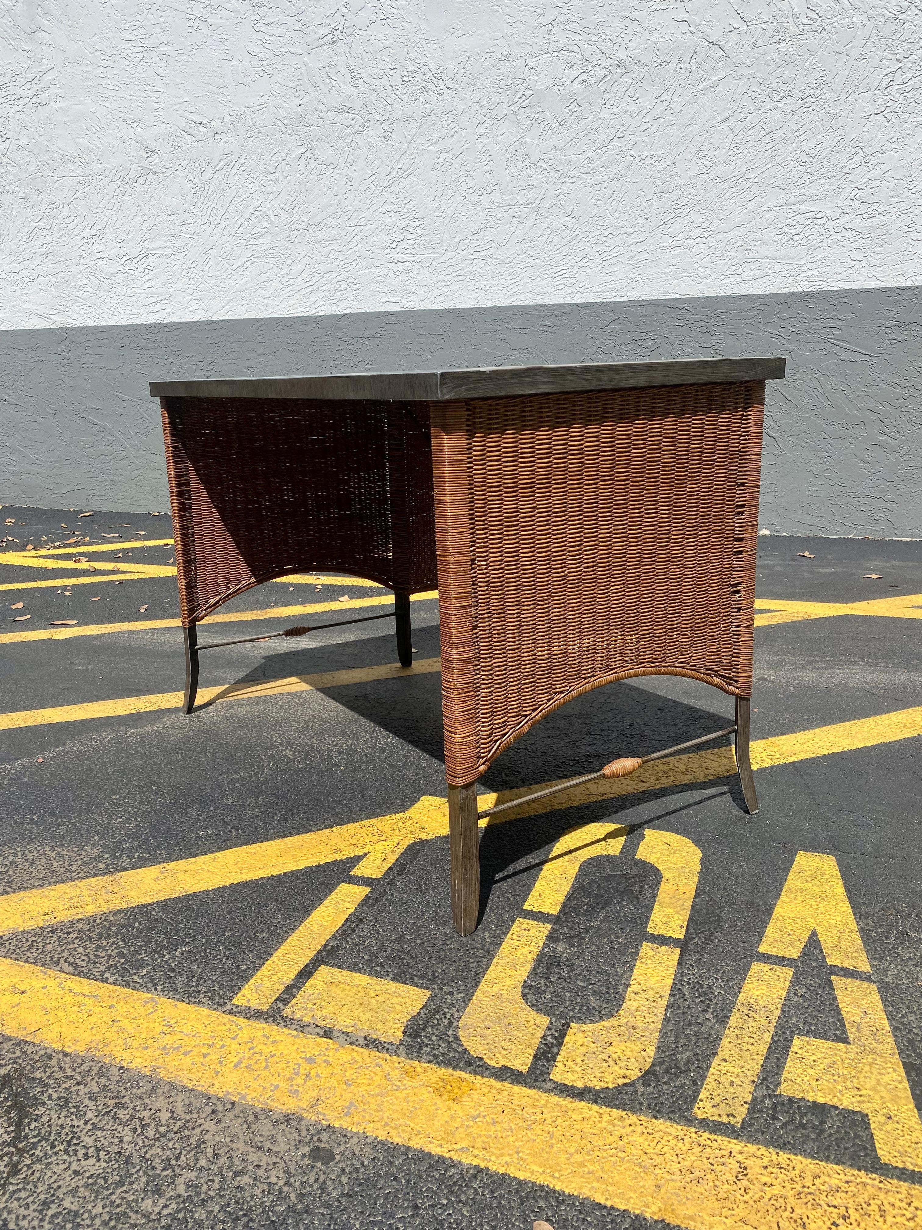 1960s Rattan and Iron Writing Table Desk For Sale 3