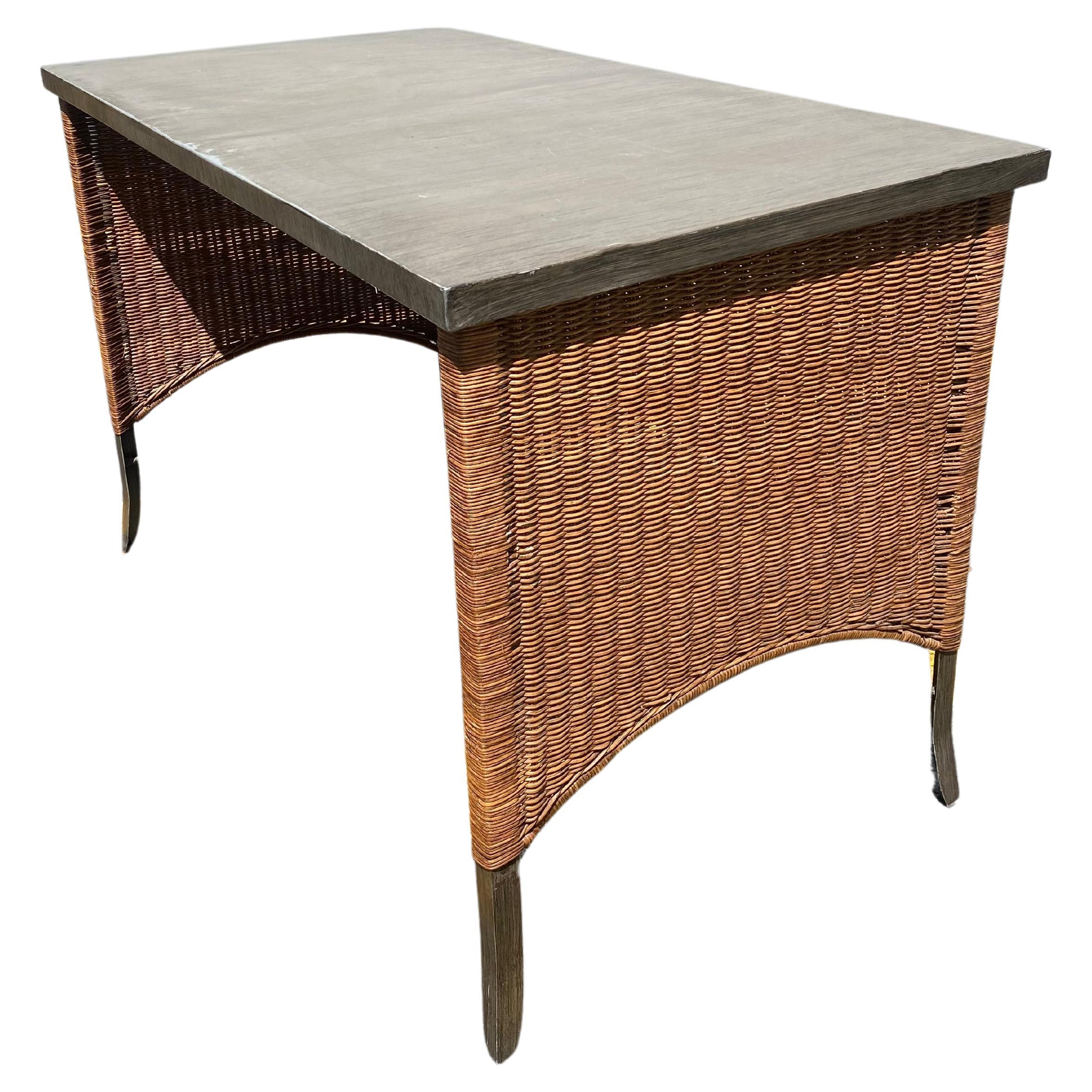 1960s Rattan and Iron Writing Table Desk