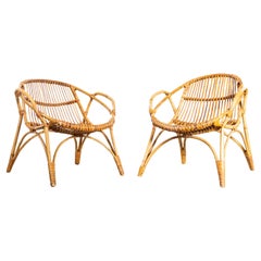 1960's Rattan Armchairs With Handles - Pair