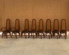 1960s Rattan + Cane Dining Chairs + Dark Moss Green Down Seat Cushions, Set of 8