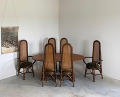 1960s Rattan + Cane Dining Chairs + Dark Moss Green Down Seat Cushions, Set of 8