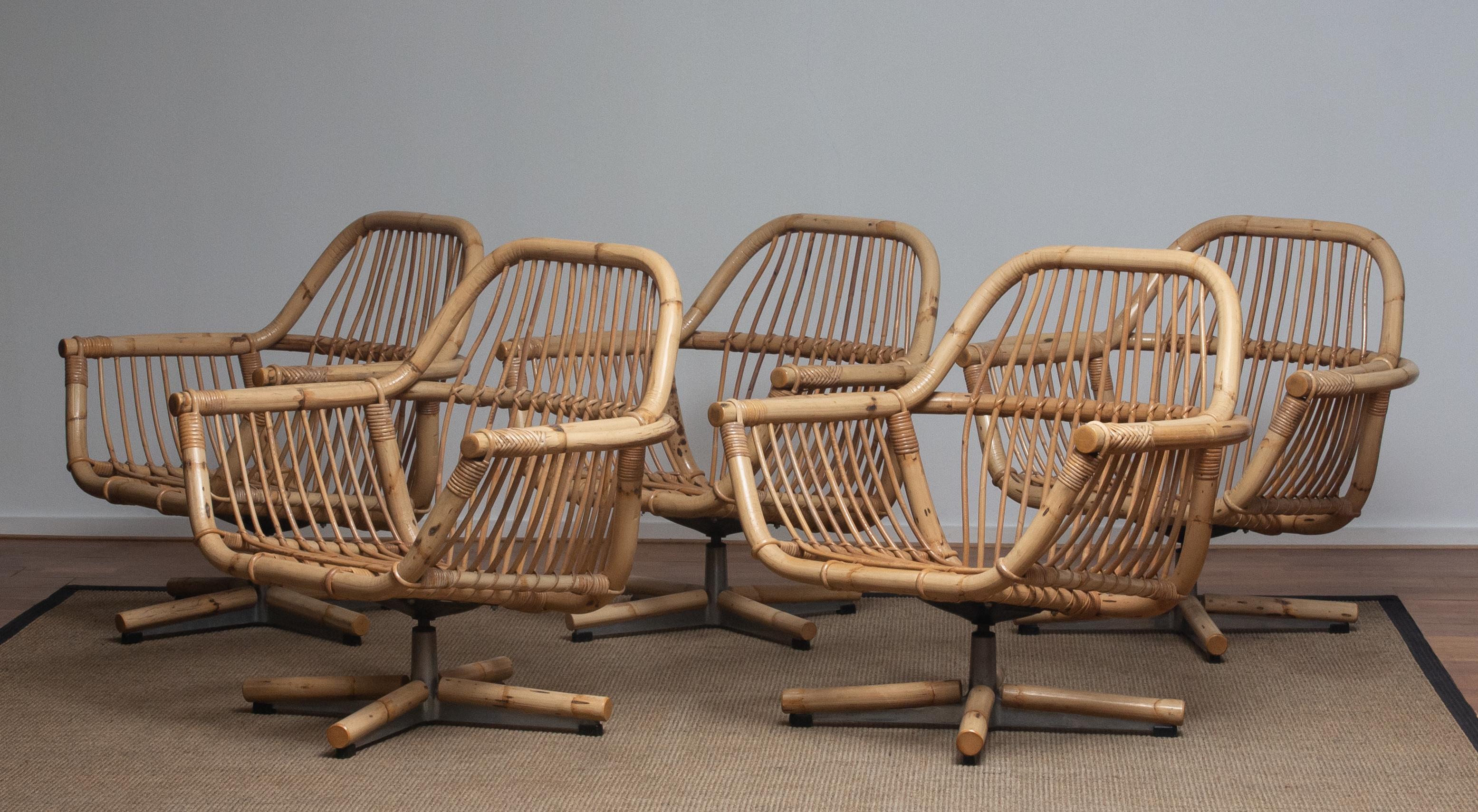 Mid-Century Modern 1960s Rattan Garden Set / Lounge Set Consist Five Swivel Chairs and Coffee Table