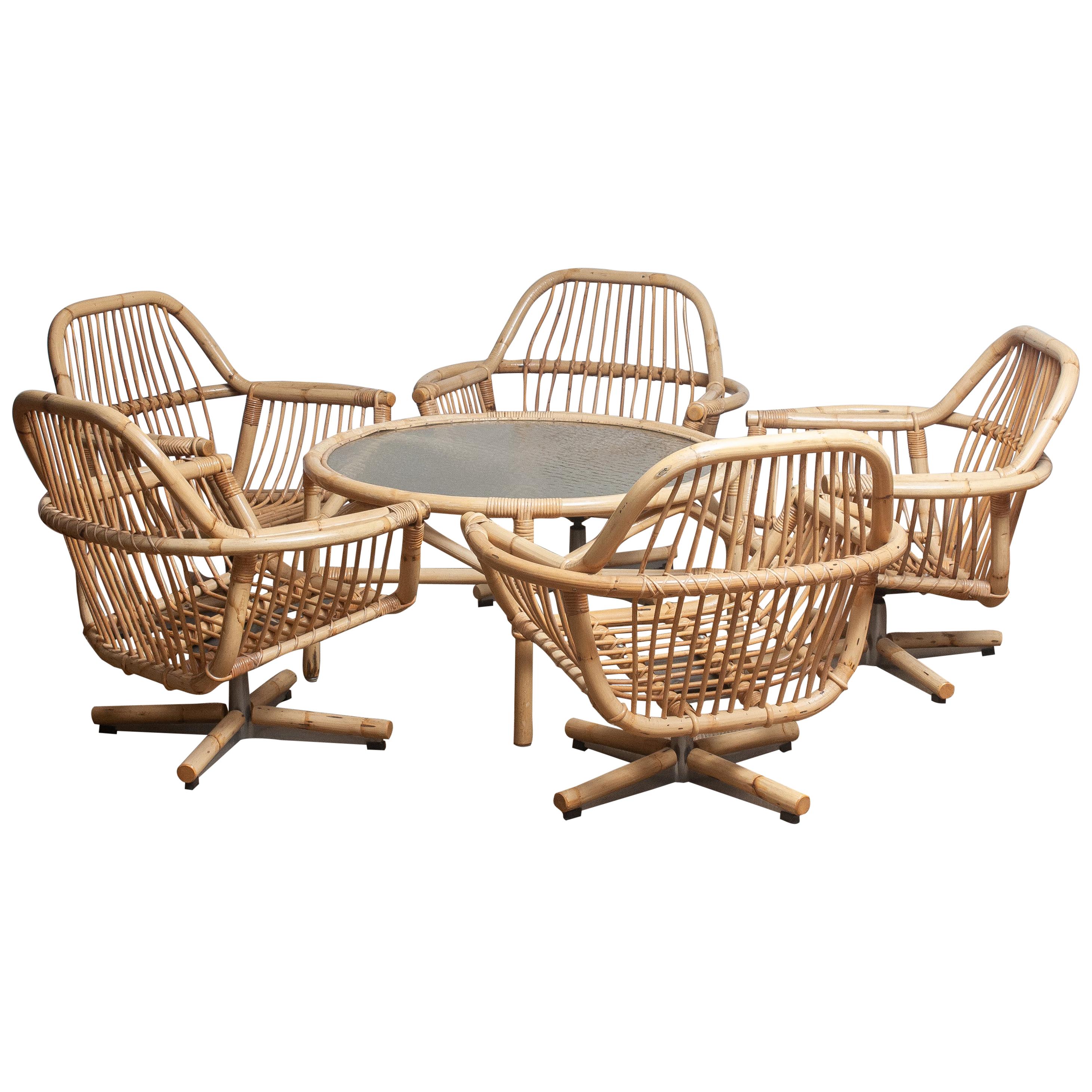 1960s Rattan Garden Set / Lounge Set Consist Five Swivel Chairs and Coffee Table