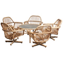 1960s Rattan Garden Set / Lounge Set Consist Five Swivel Chairs and Coffee Table