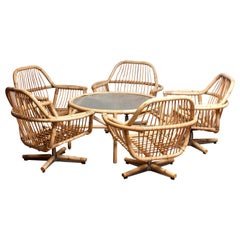 1960s Rattan Garden Set / Lounge Set Consist Five Swivel Chairs and Coffee Table