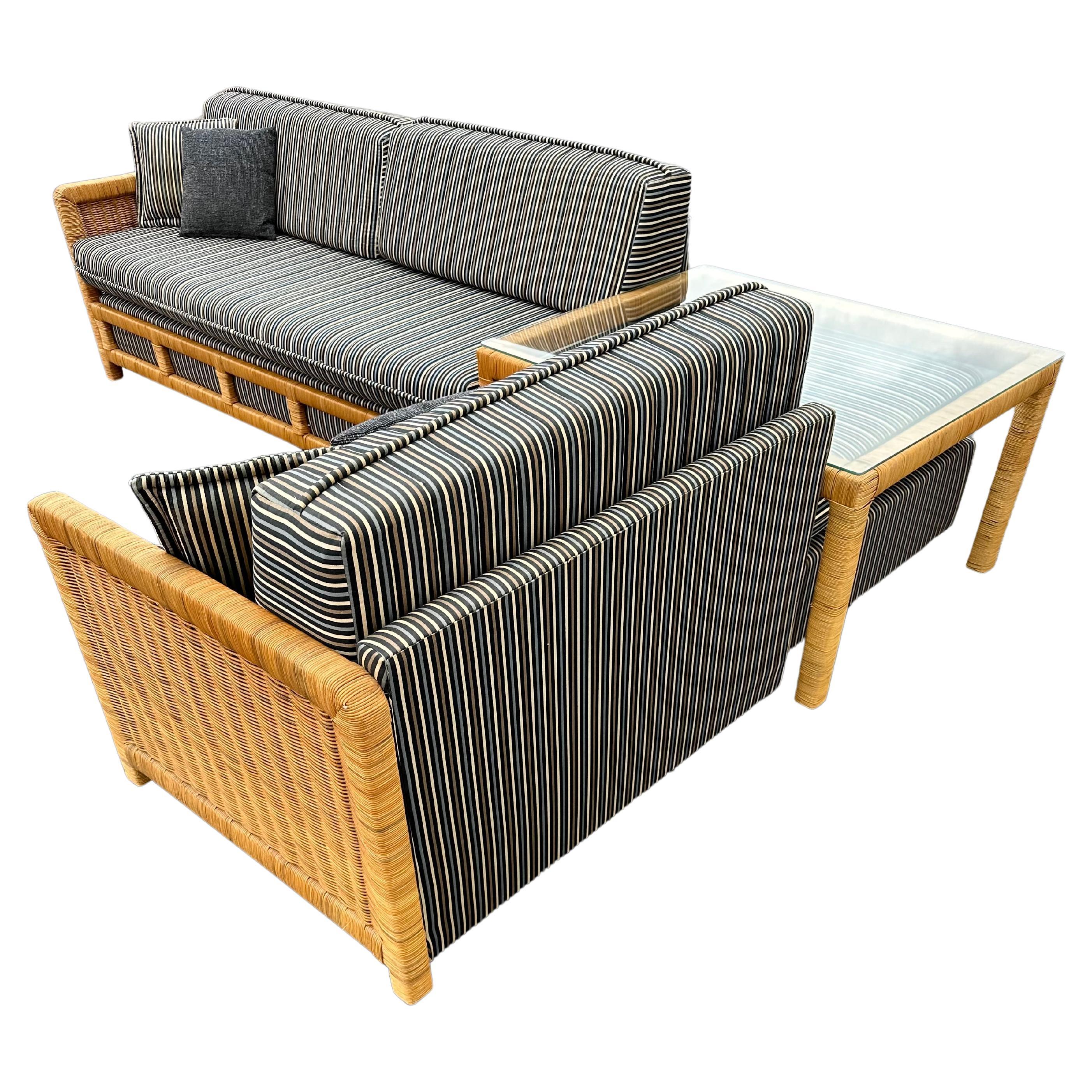 MCM 1960er Jahre Rattan Korbweide Streifen Rollen Modul Sofa mit Ecktisch