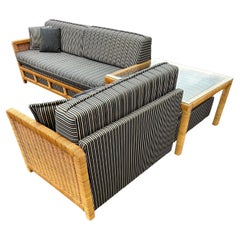 Vintage MCM 1960s Rattan Wicker Stripes Castors Sectional Sofa with Corner Table