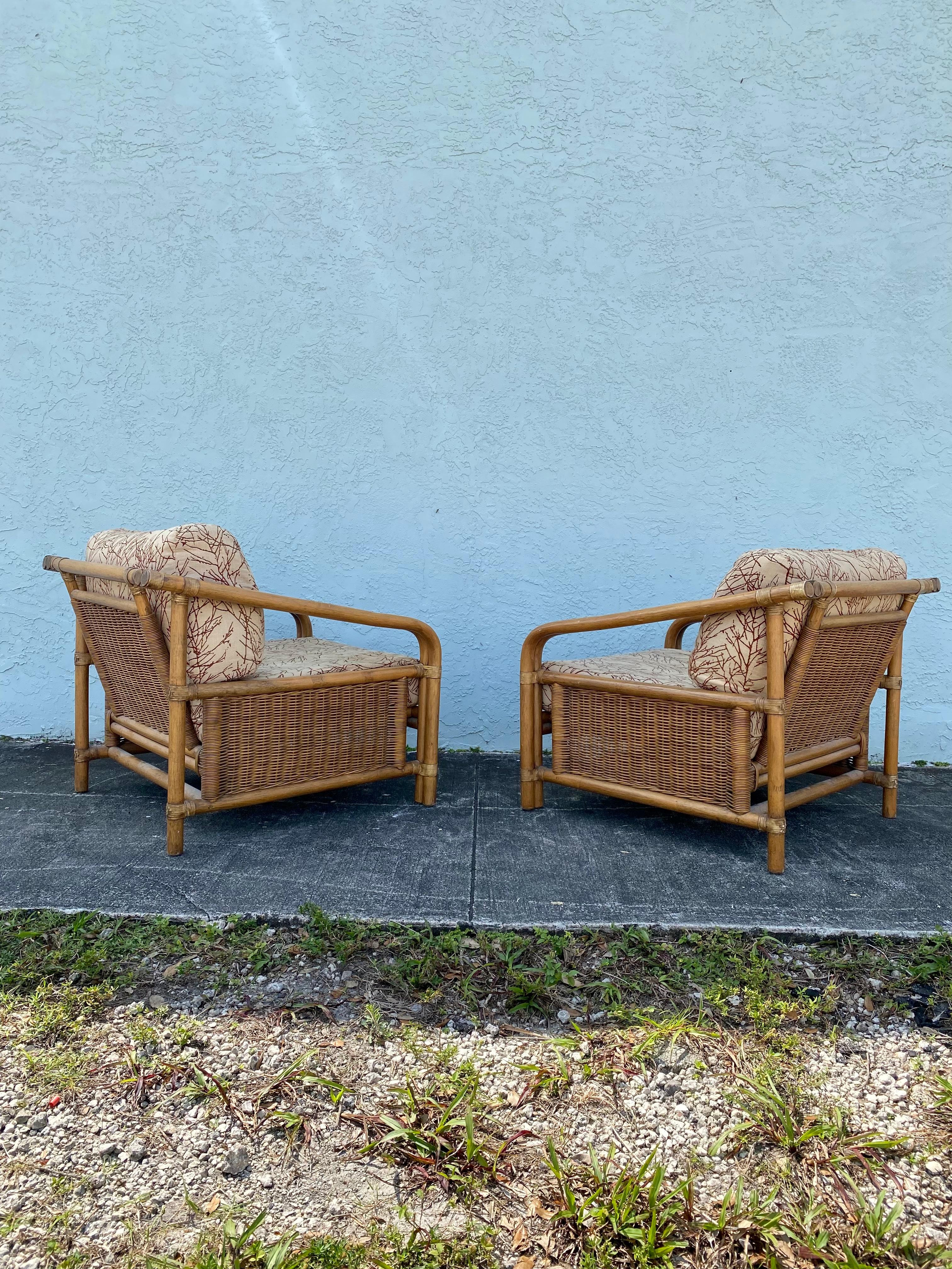 Mid-Century Modern 1960s Rattan Wicker McGuire Reclined Club Chairs, Set of 2 For Sale