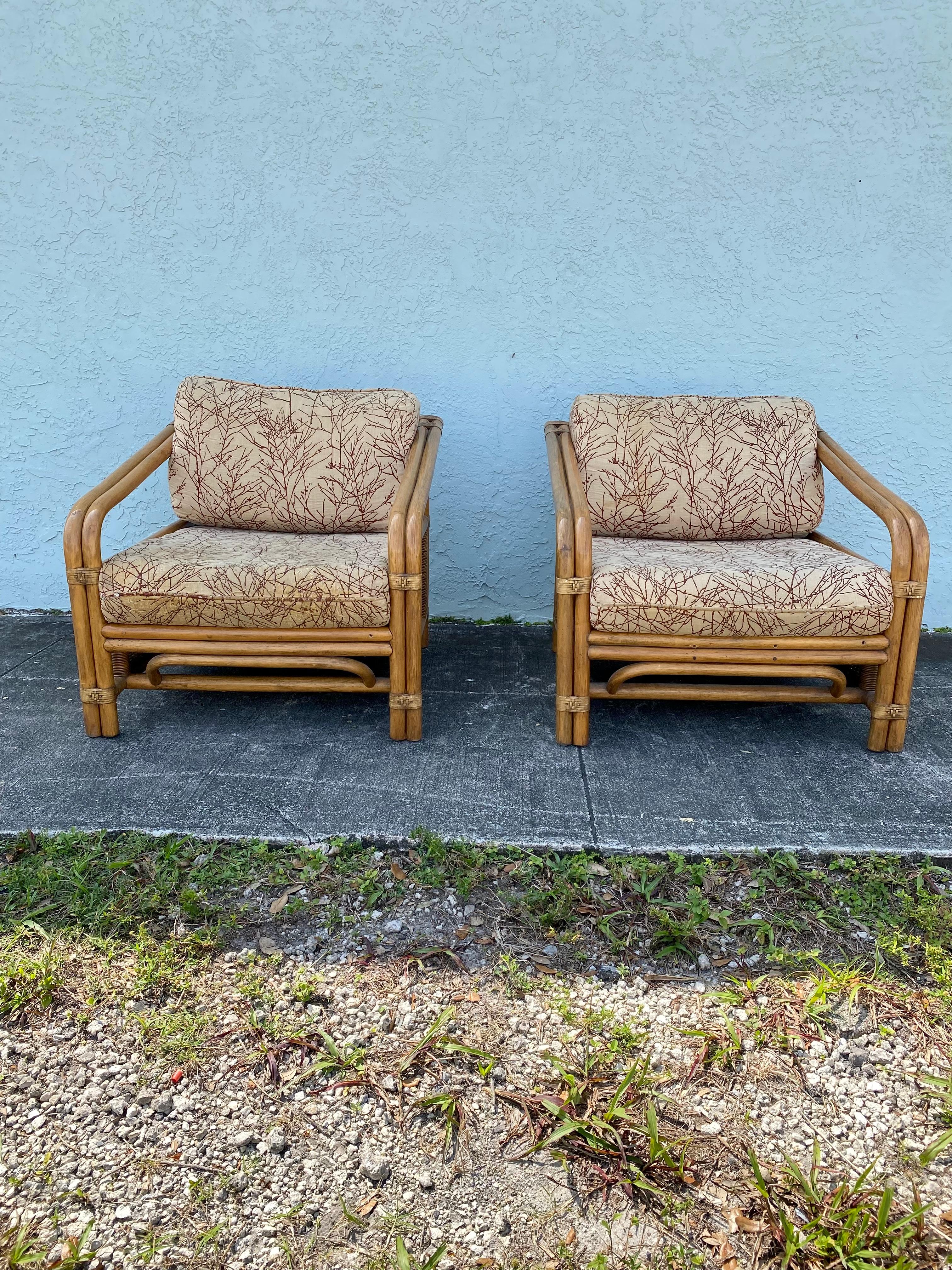 American 1960s Rattan Wicker McGuire Reclined Club Chairs, Set of 2 For Sale