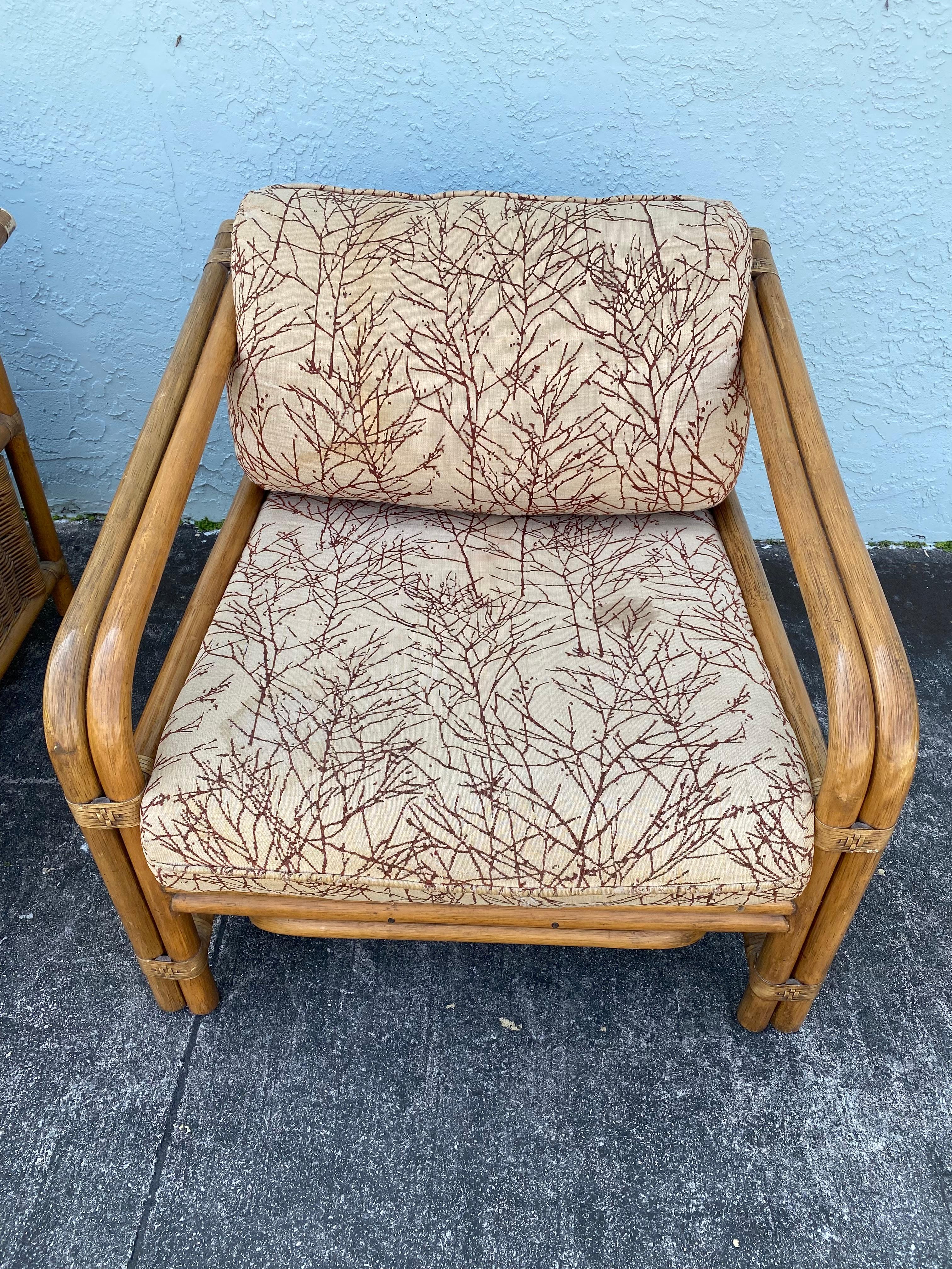Leather 1960s Rattan Wicker McGuire Reclined Club Chairs, Set of 2 For Sale