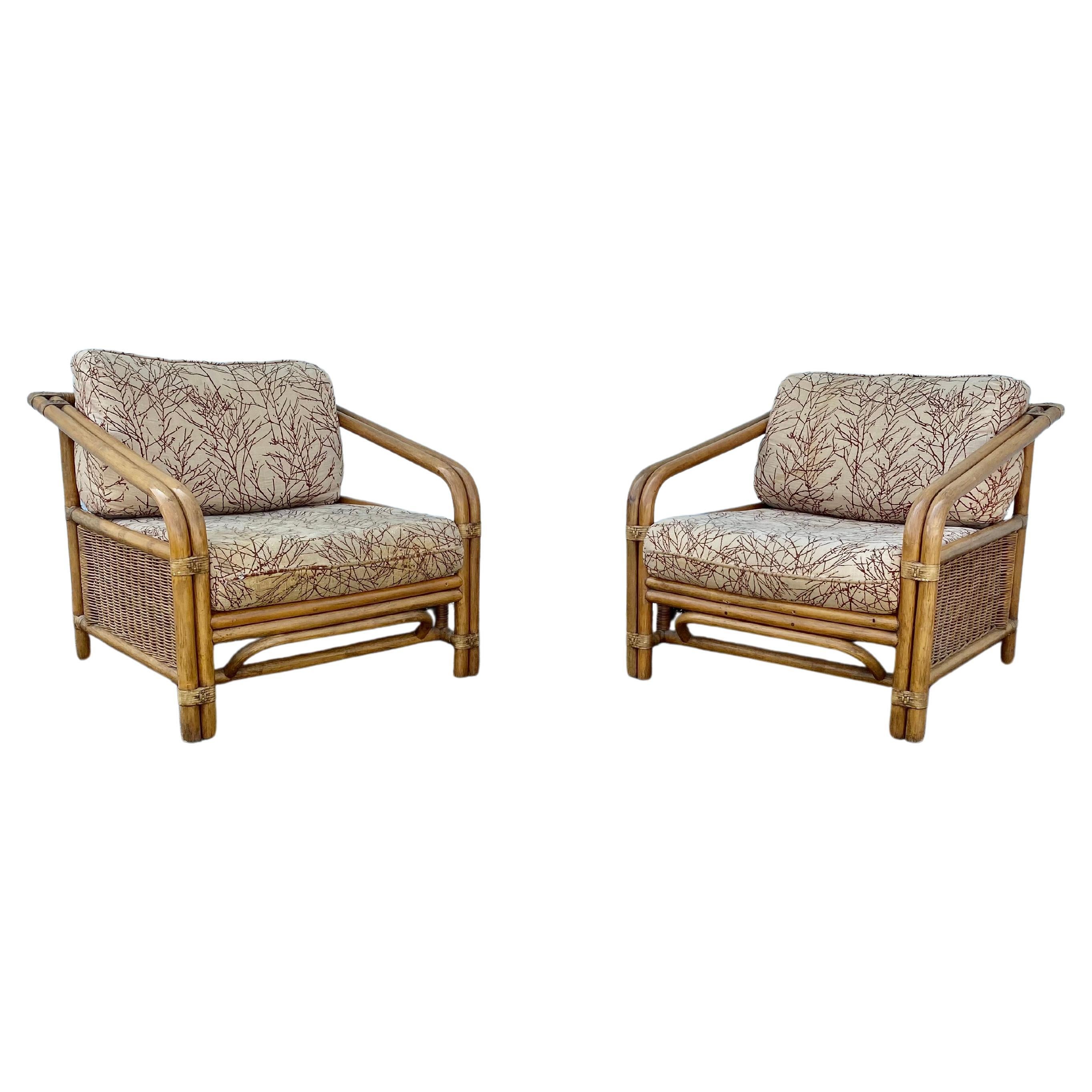 1960s Rattan Wicker McGuire Reclined Club Chairs, Set of 2 For Sale