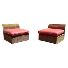 Vintage 1960s Rattan Wicker Pink Slipper Lounge Chairs, Set of 2