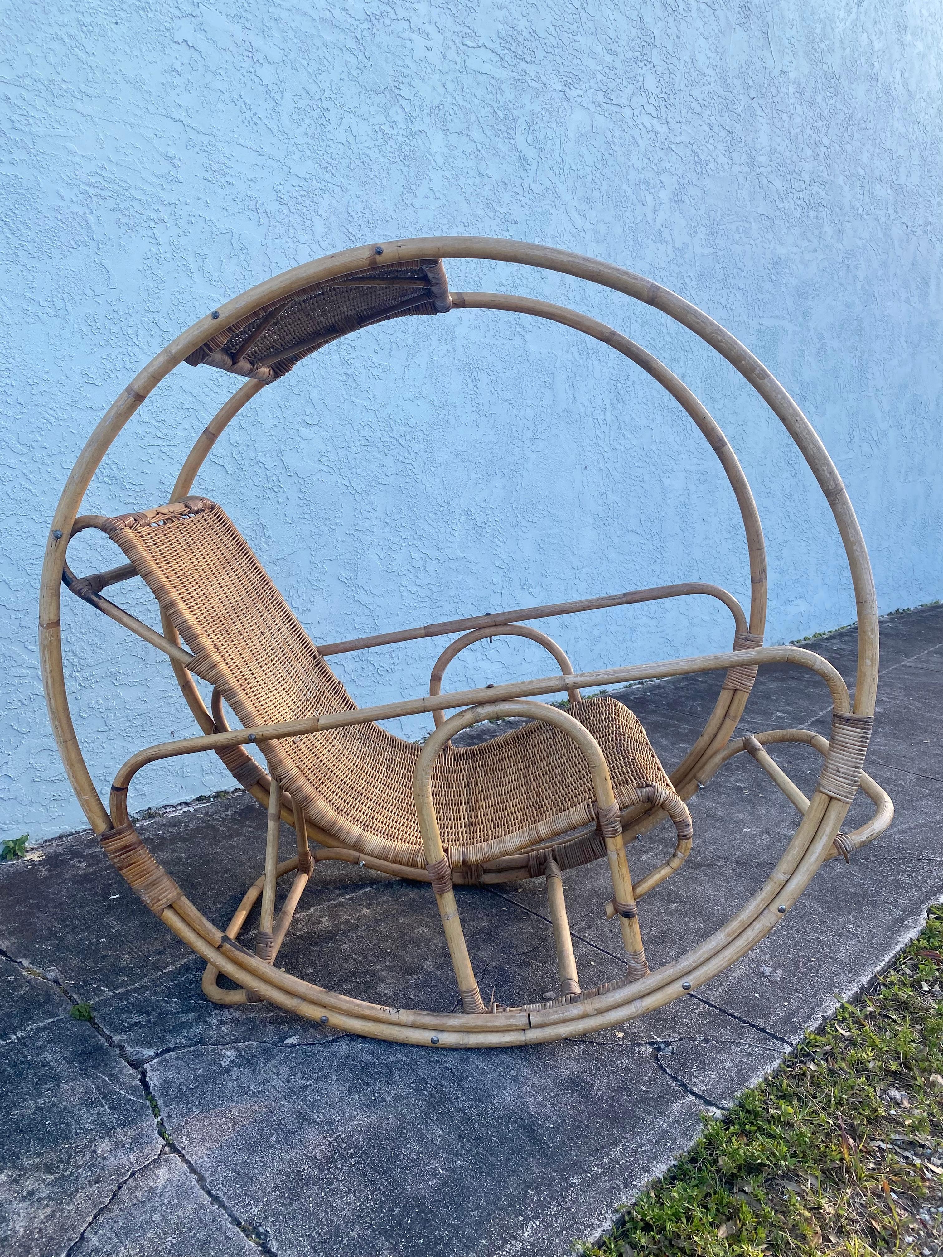 Mid-20th Century 1960s Rattan Wicker Sculptural Round Rocking Chair For Sale