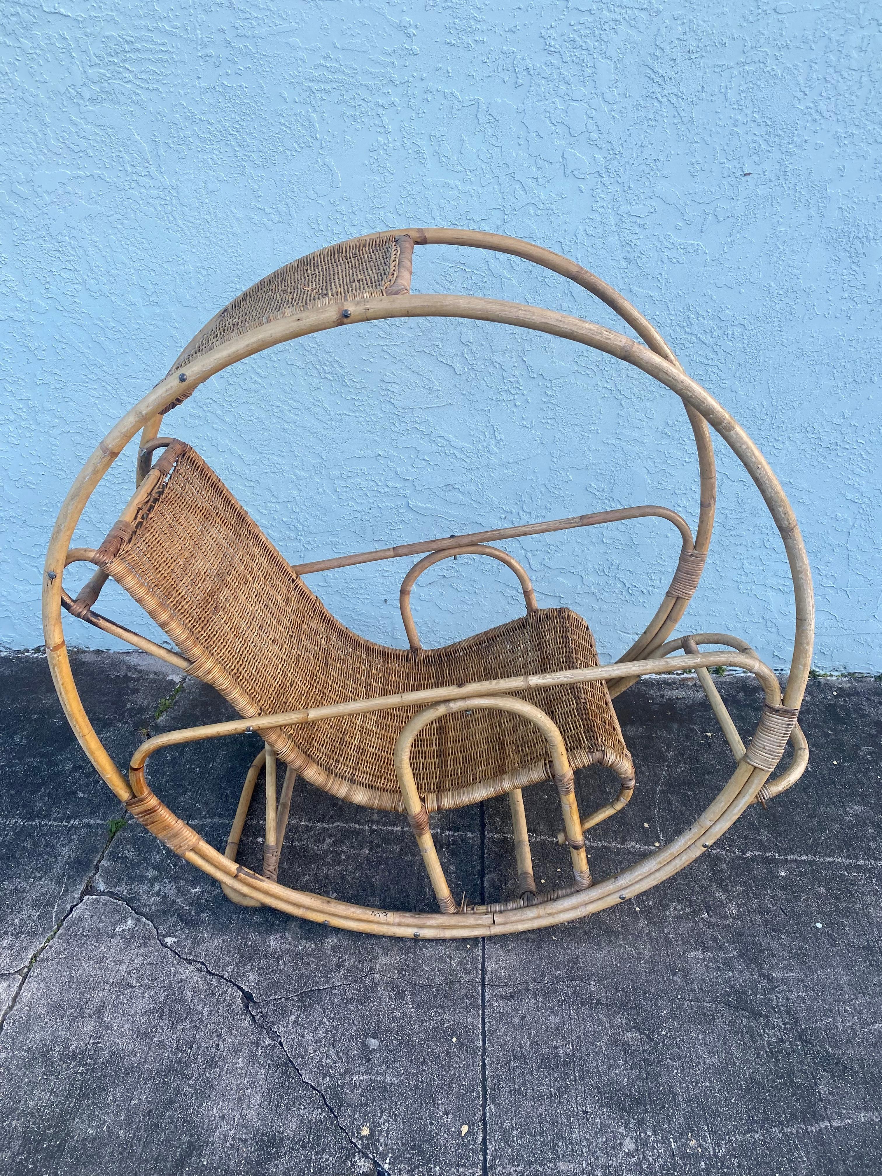 1960s Rattan Wicker Sculptural Round Rocking Chair For Sale 1