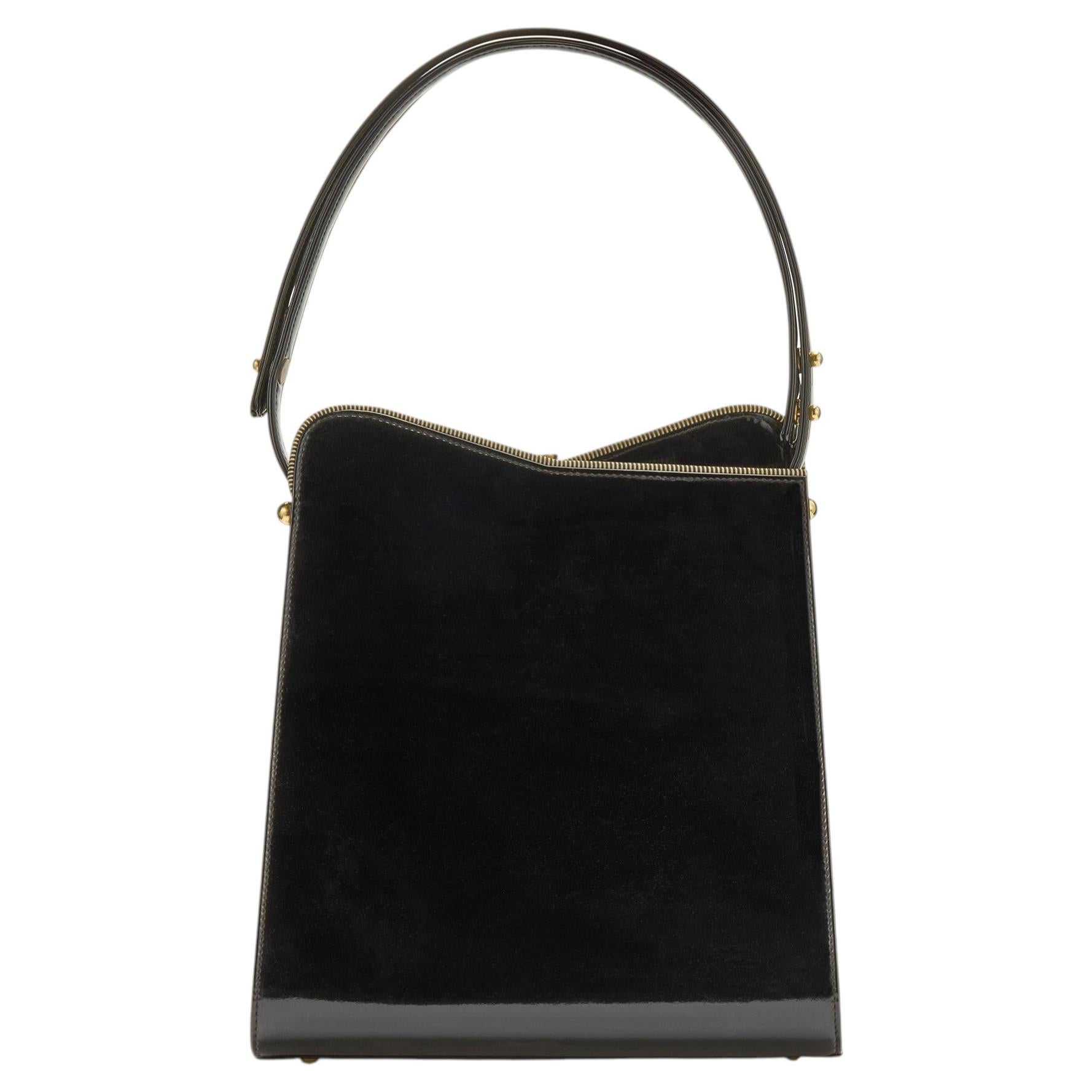 Rayne-Handtasche aus schwarzem Lackleder mit Tragegriff aus den 1960er Jahren