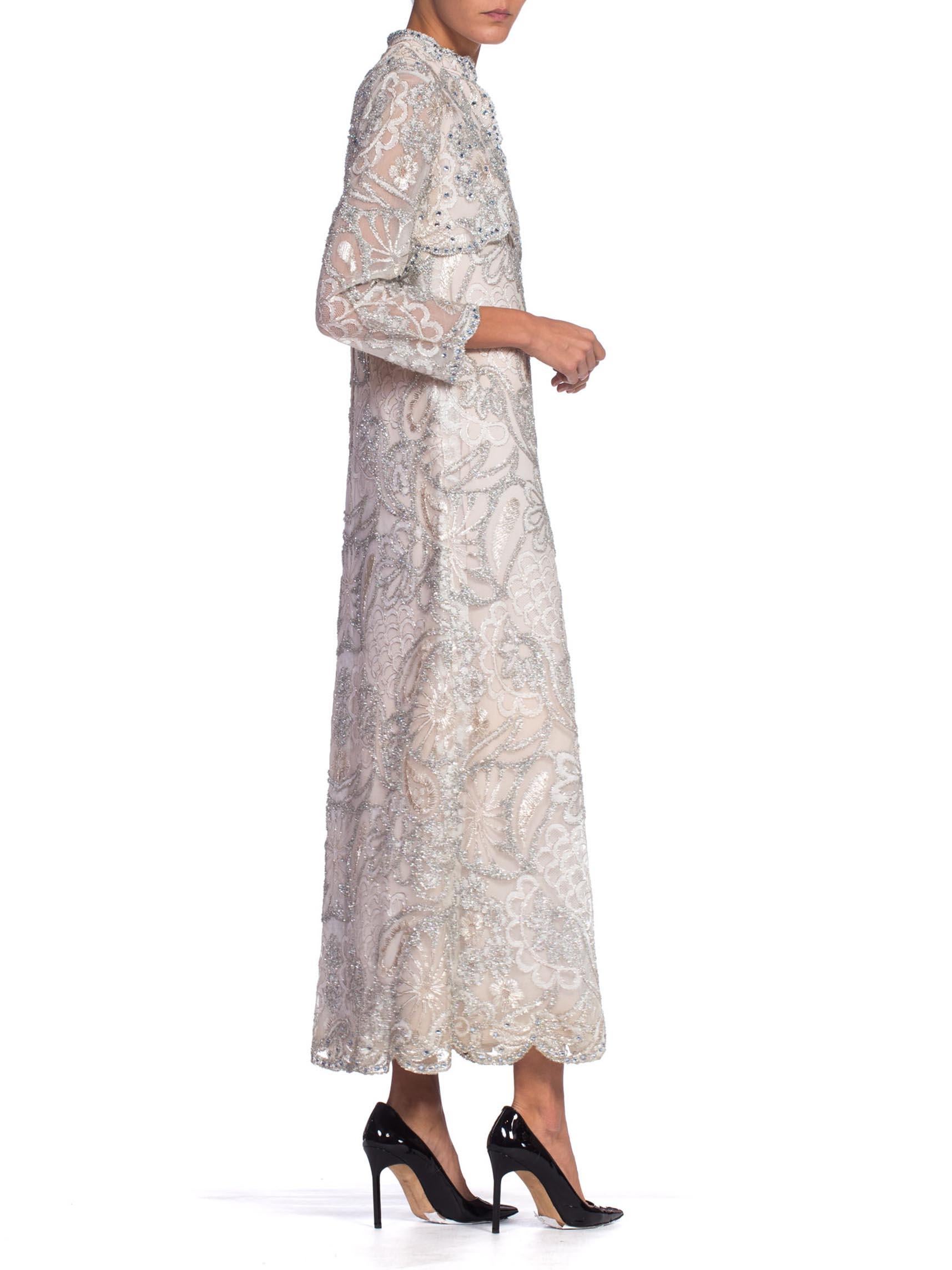 Gray 1960S Oyster Grey Rayon Lace Empire Waist Sleeved Gown Embroidered With Real Si For Sale