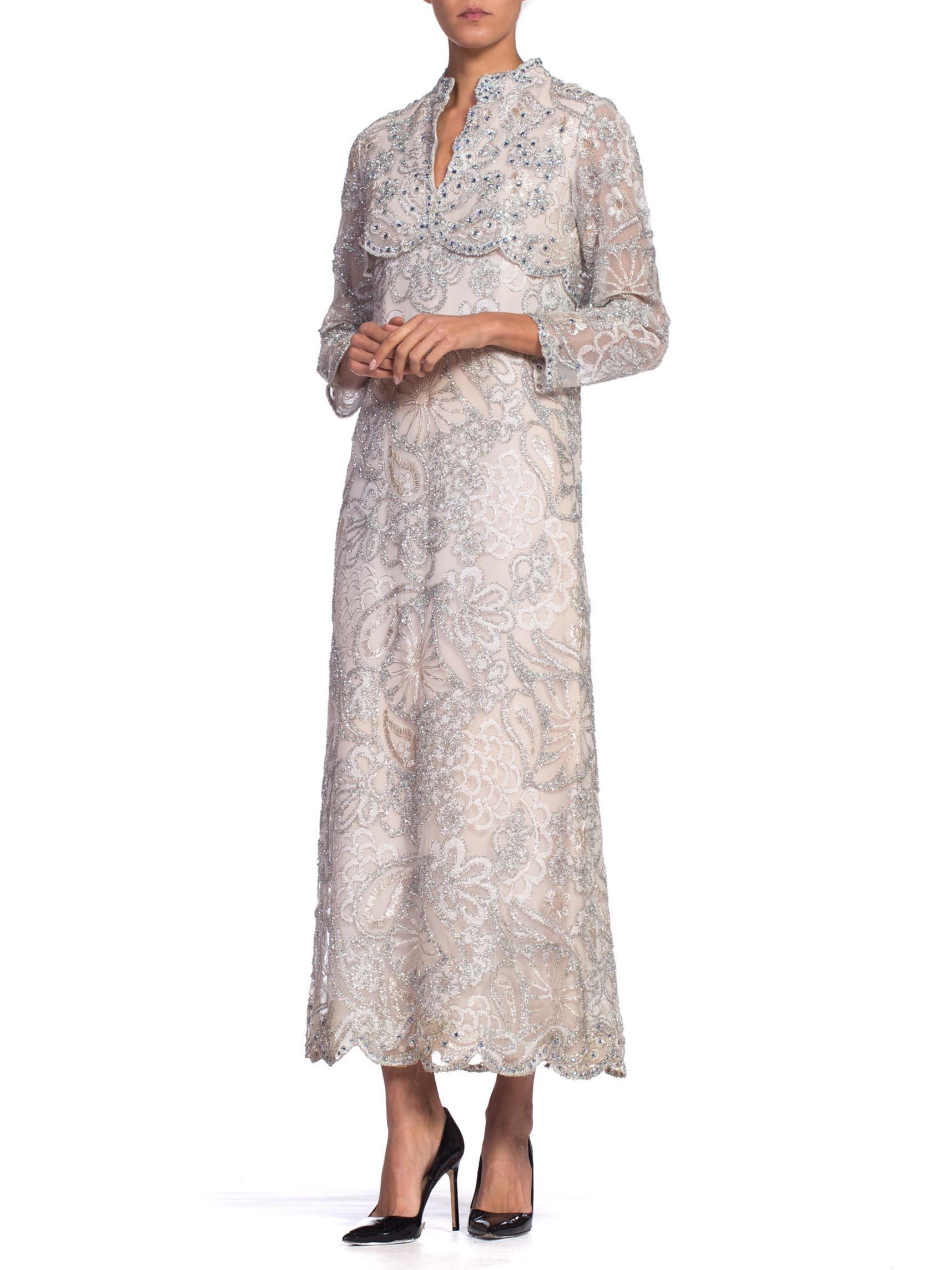 1960S Oyster Grey Rayon Lace Empire Waist Sleeved Gown Embroidered With Real Si In Excellent Condition For Sale In New York, NY