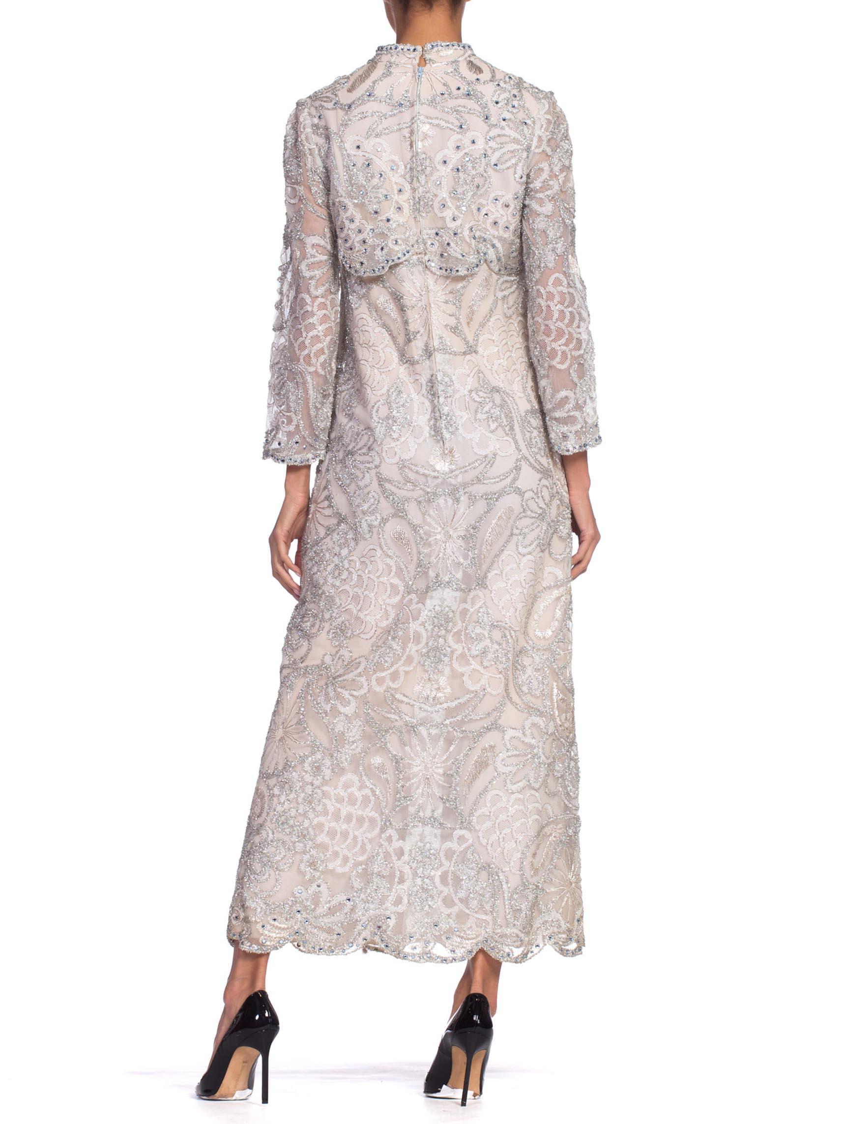 Women's 1960S Oyster Grey Rayon Lace Empire Waist Sleeved Gown Embroidered With Real Si For Sale