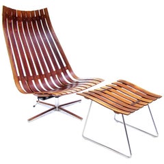 chaise longue "Scandia" inclinable des années 1960 & pouf en bois de rose par Hans Brattrud