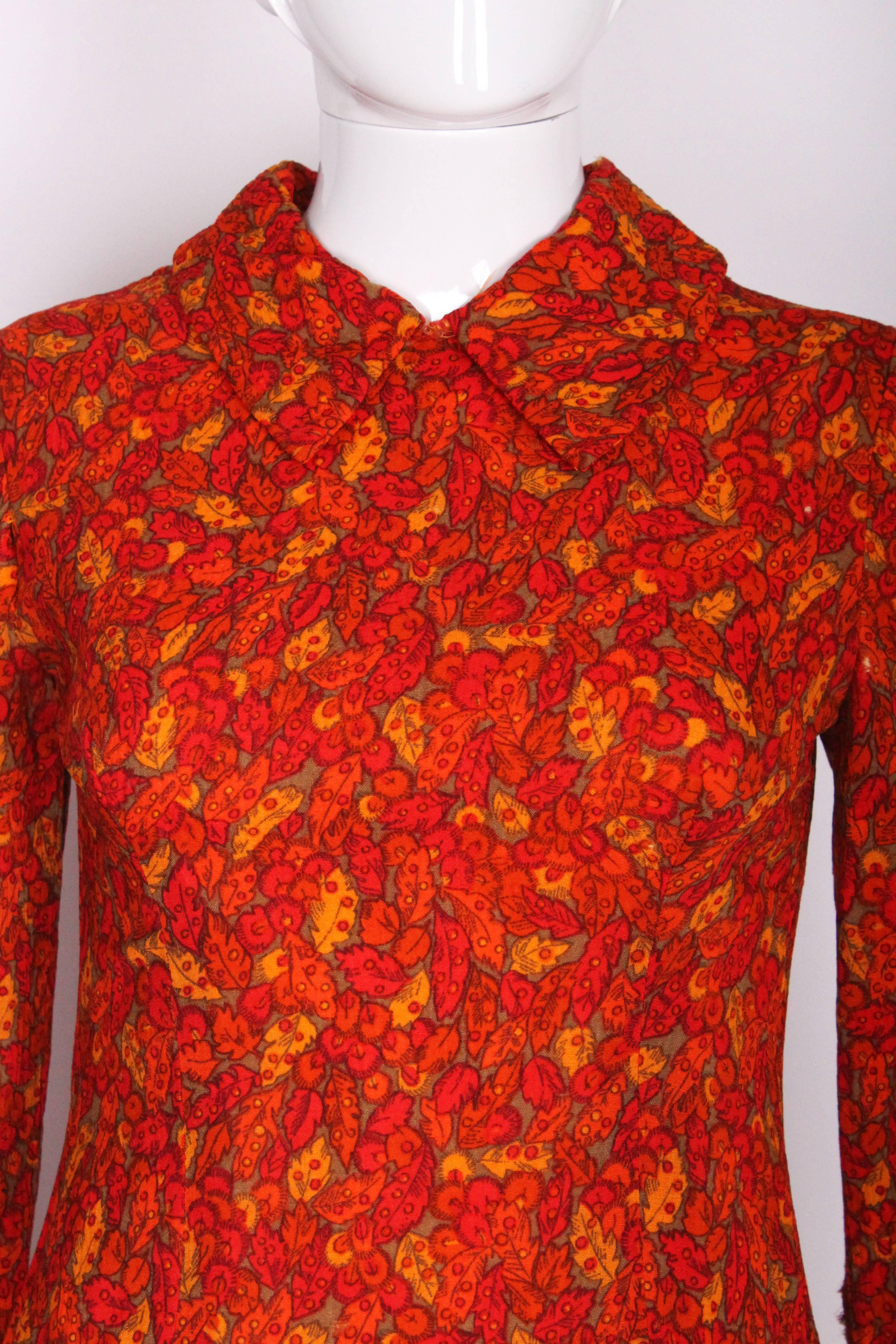 Women's 1960s Red and Orange Leaf Print Mini Dress For Sale