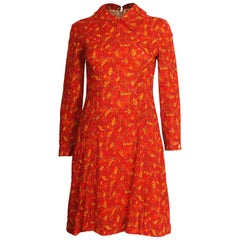 Mini robe rouge et orange à imprimé feuilles des années 1960