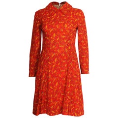 Mini robe rouge et orange à imprimé feuilles des années 1960