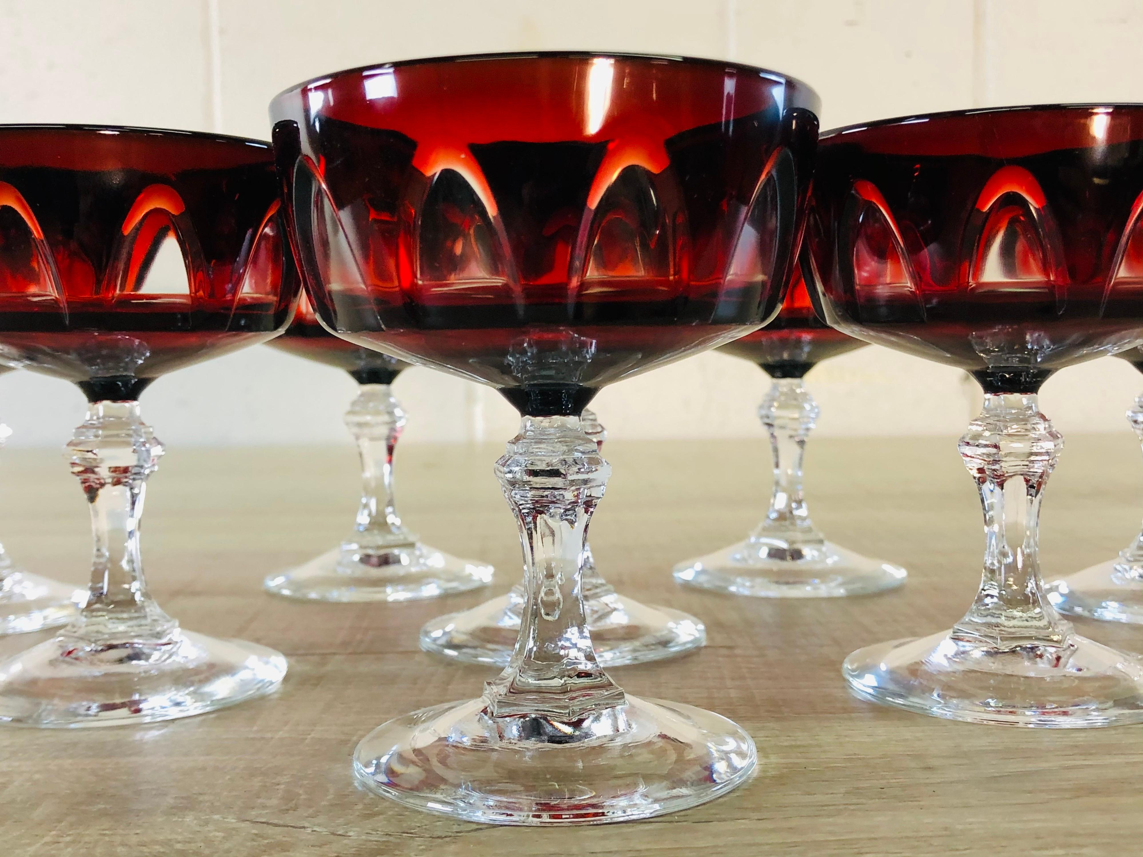 Mid-Century Modern 1960s Red Arched Glass Coupe Stems, Set of 8