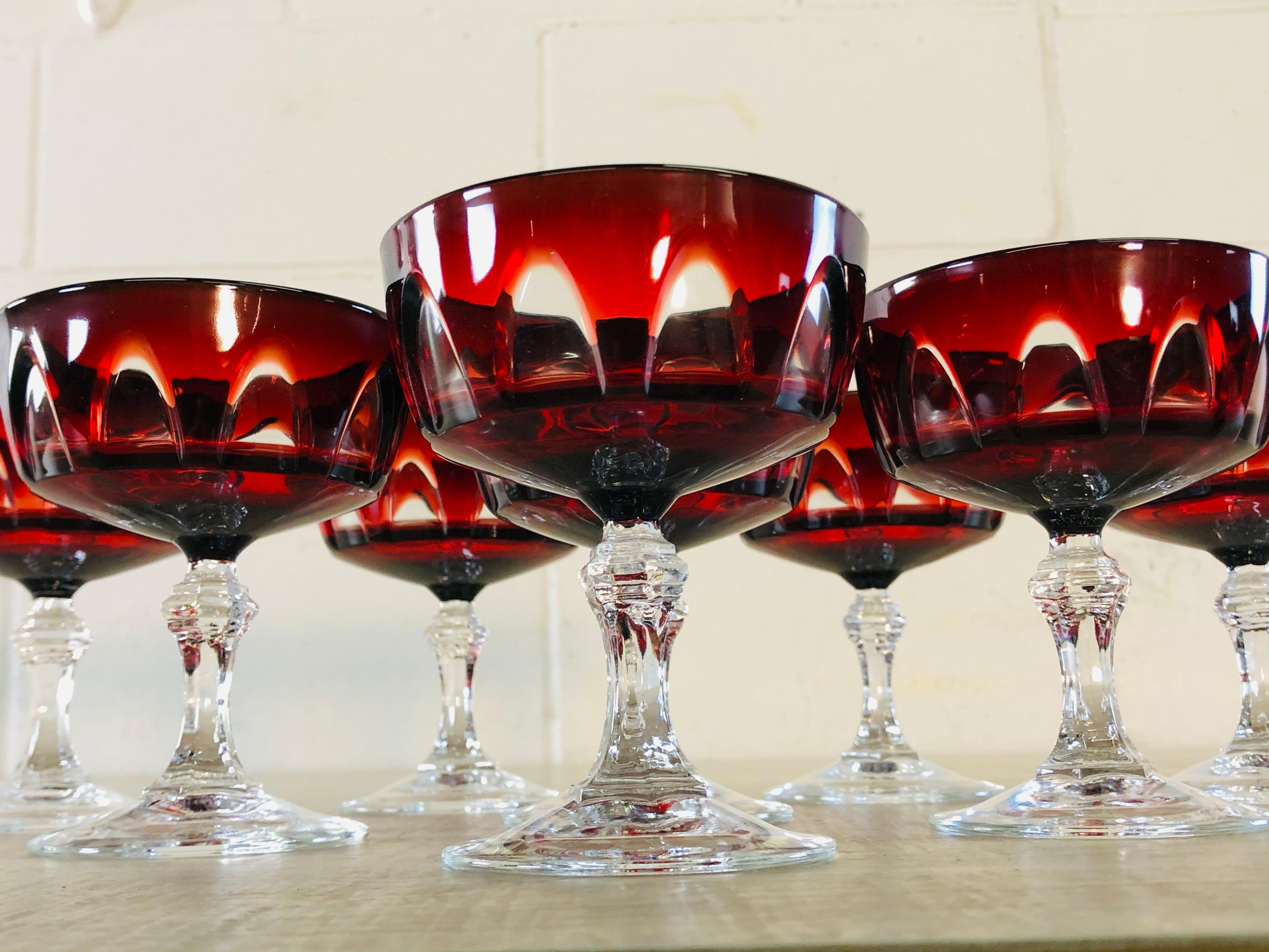 French 1960s Red Arched Glass Coupe Stems, Set of 8