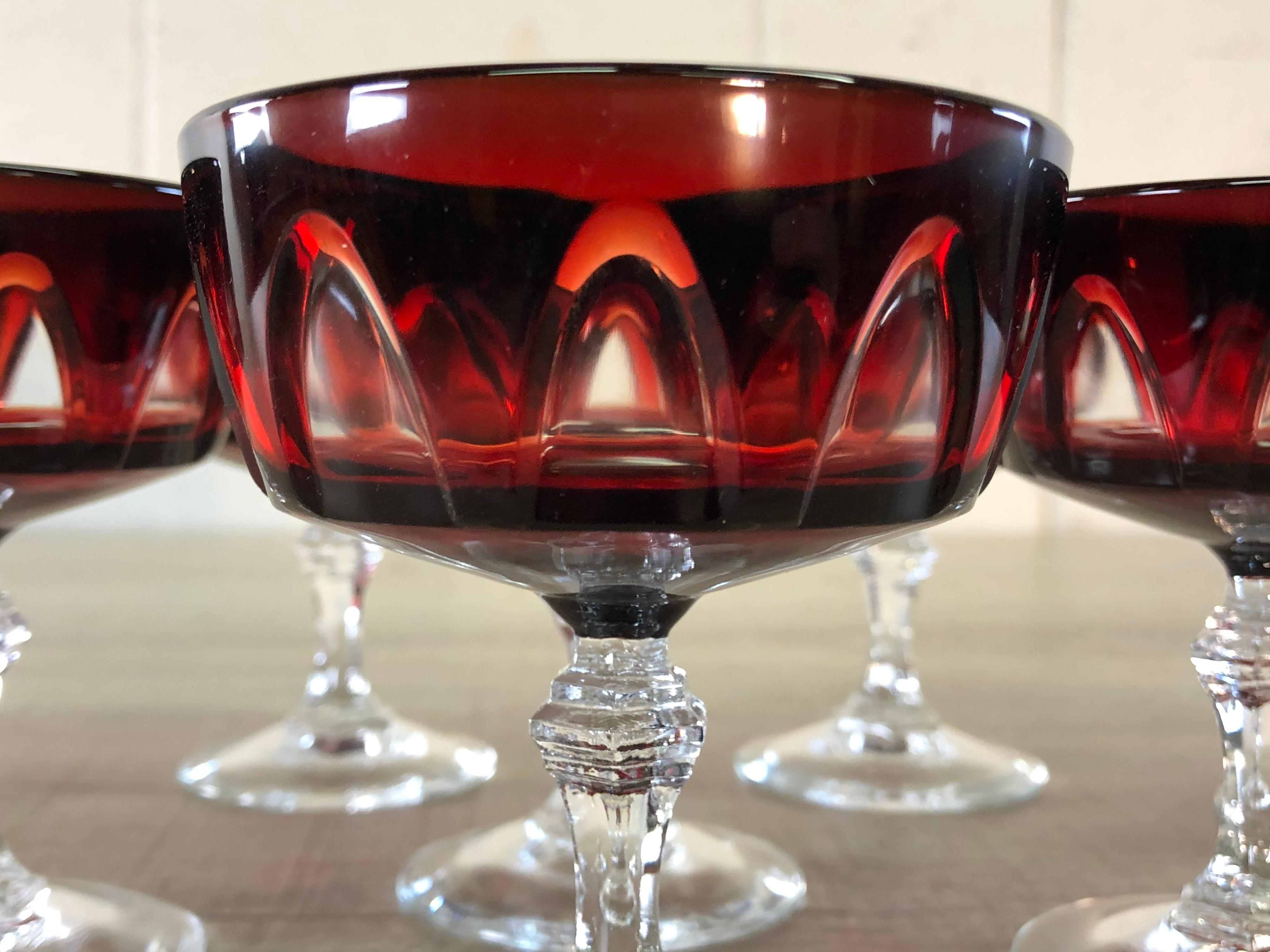 20th Century 1960s Red Arched Glass Coupe Stems, Set of 8