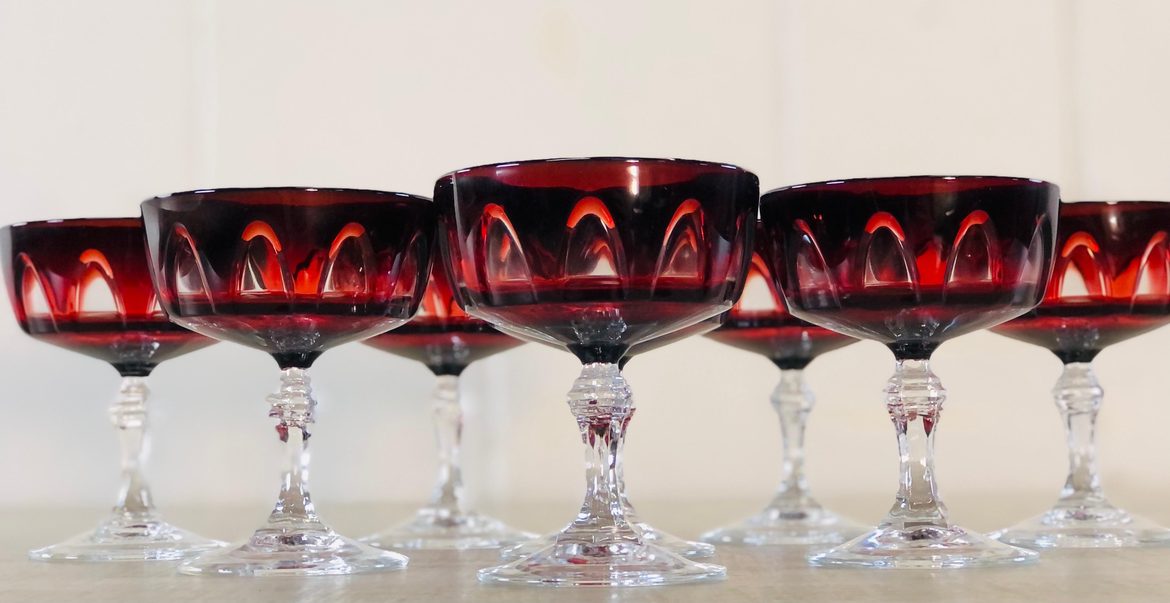 1960s Red Arched Glass Coupe Stems, Set of 8 1