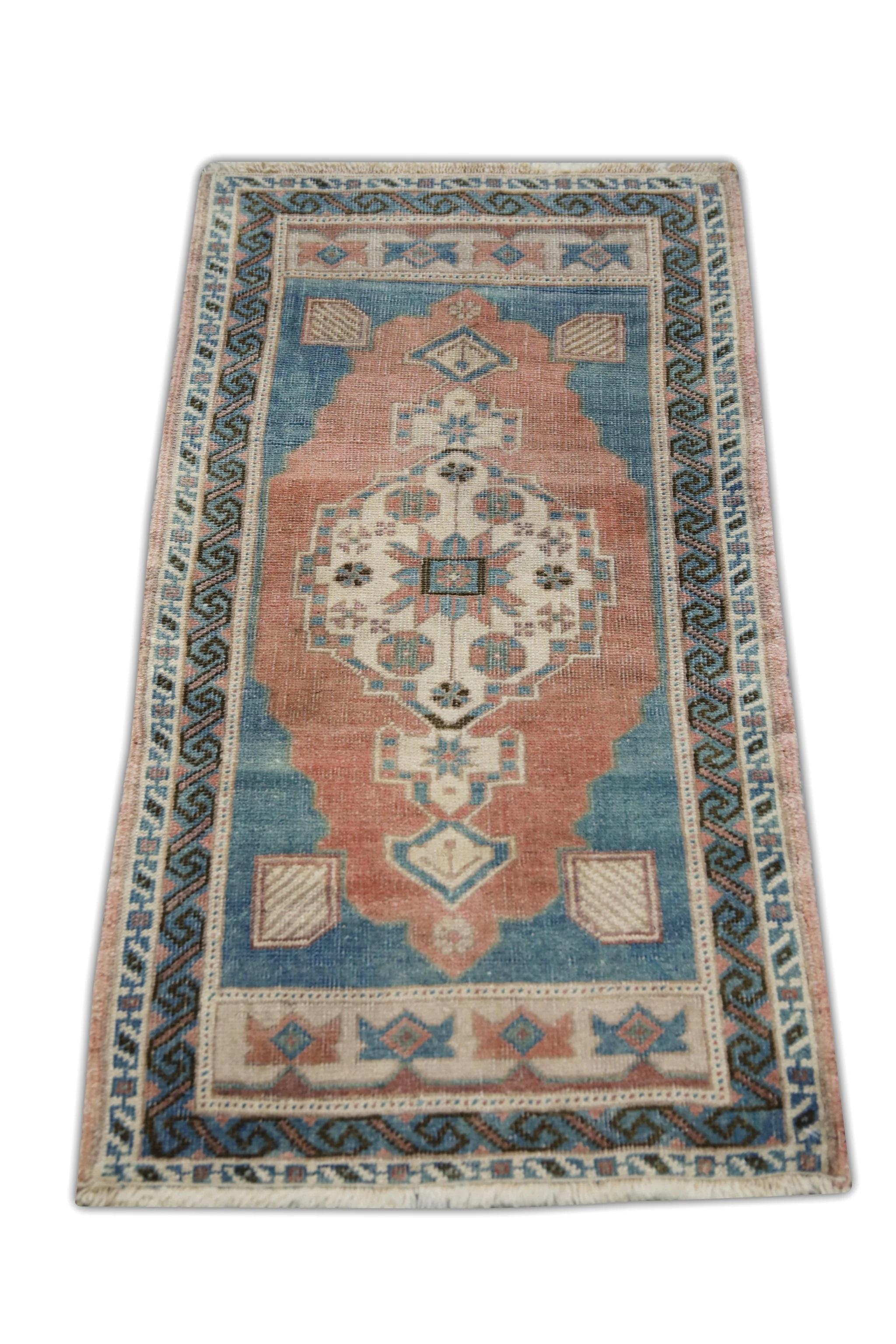 Hand-Woven 1960s Red & Blue Vintage Turkish Mini Rug 1'10