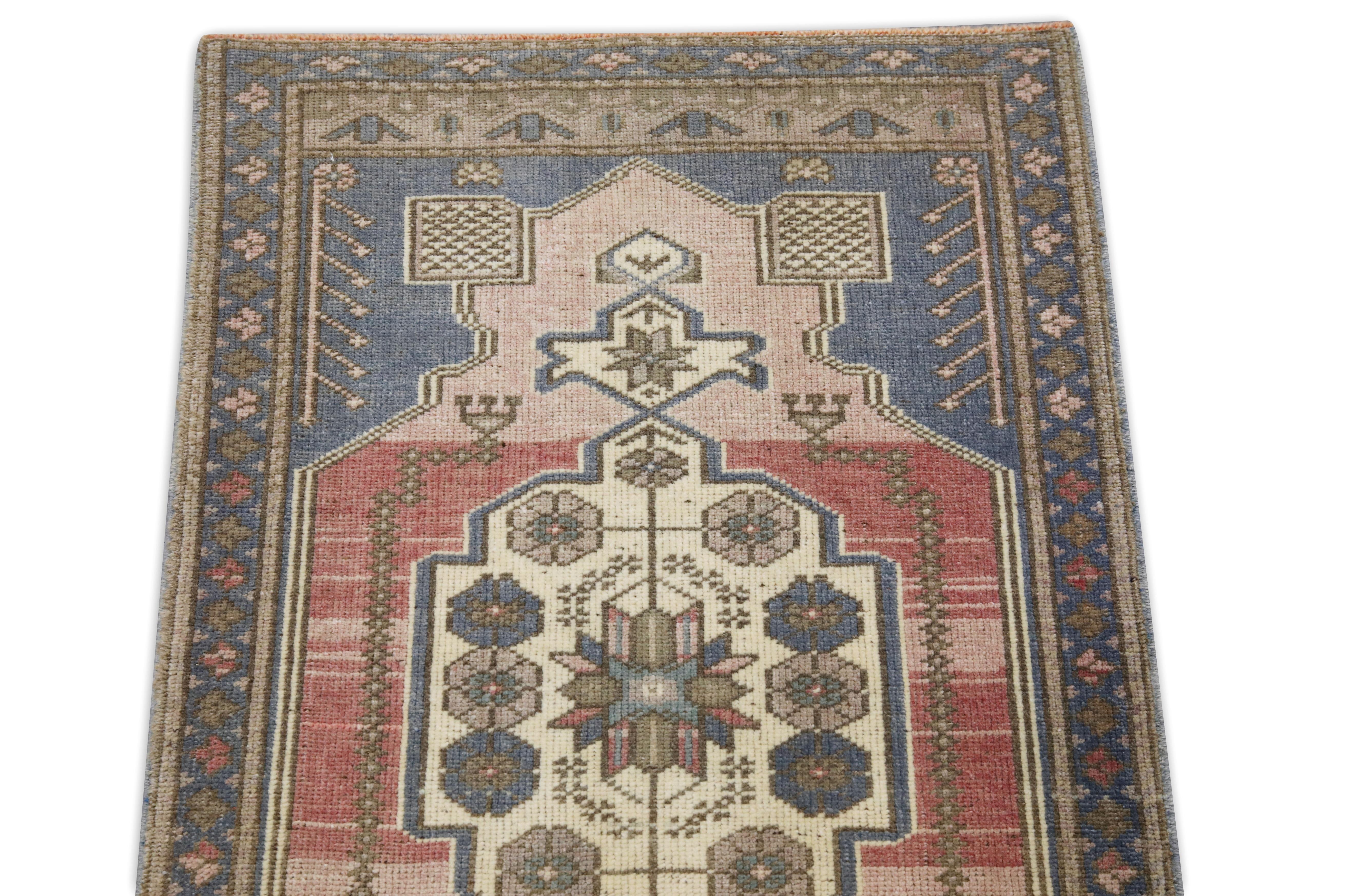 Hand-Woven 1960s Red & Blue Vintage Turkish Mini Rug 1'11
