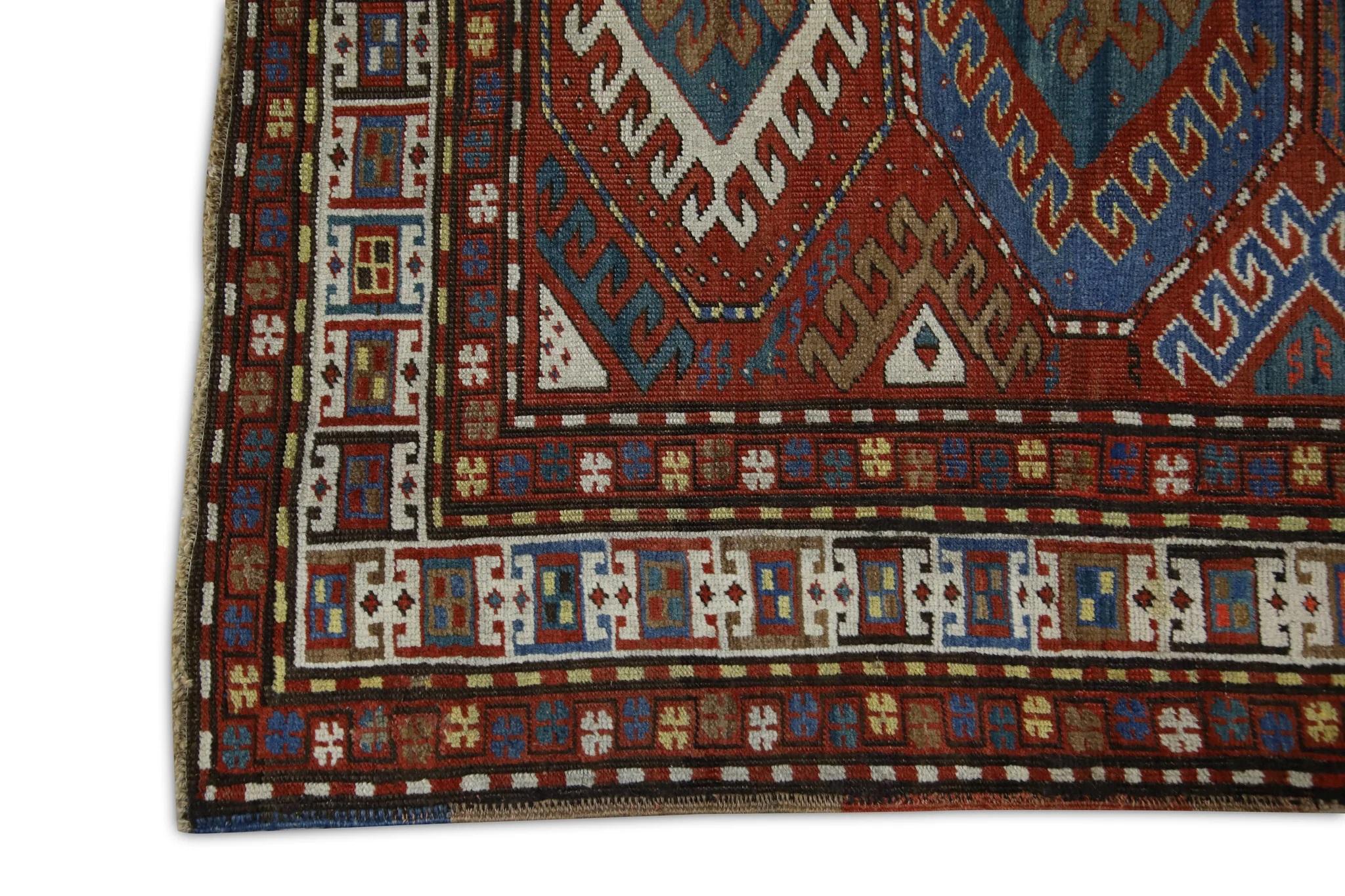 Tribal Tapis turc vintage rouge et bleu des années 1960, 4'3