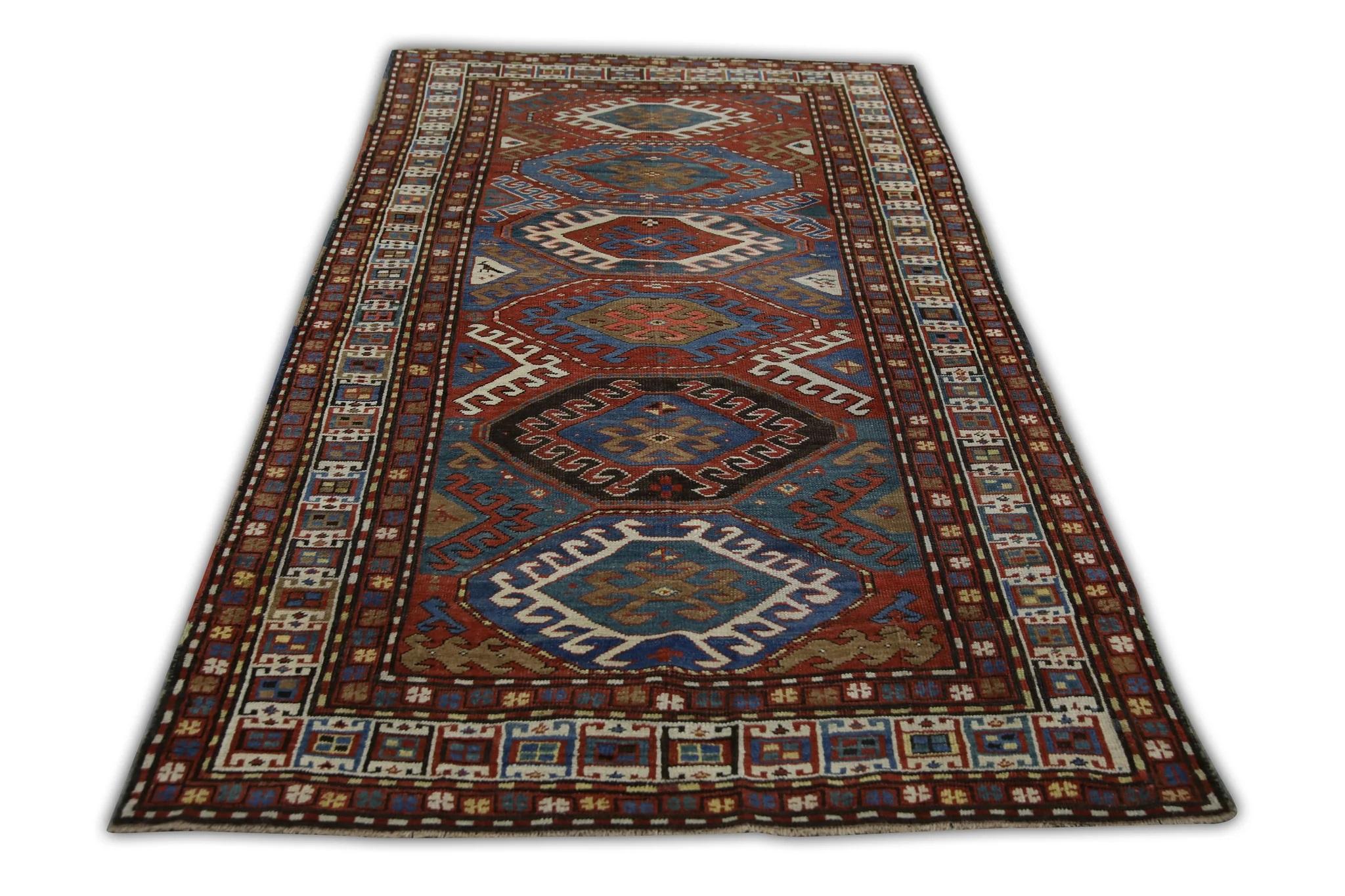 Tapis turc vintage rouge et bleu des années 1960, 4'3