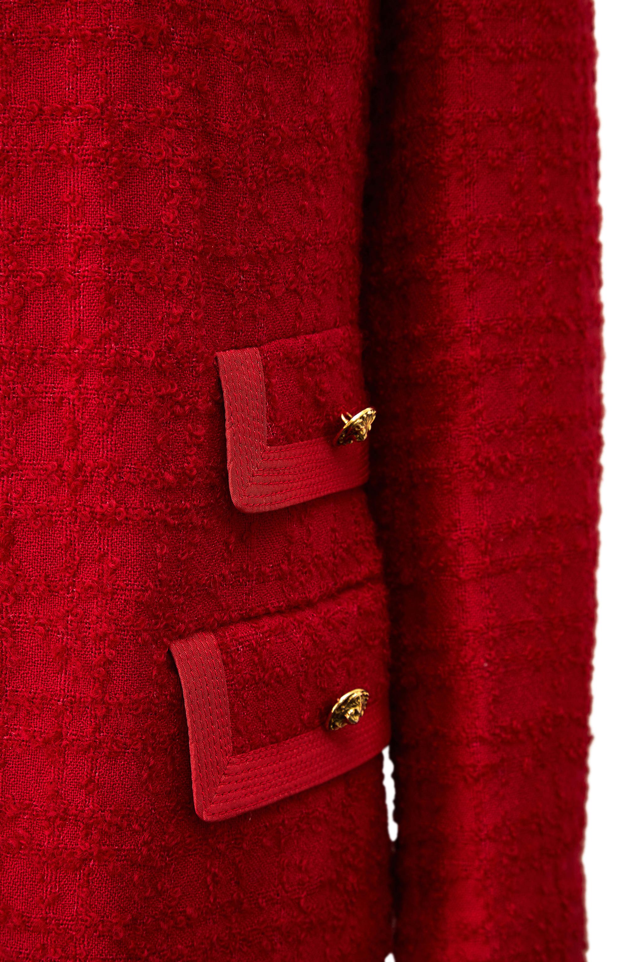 1960s Red Boucle Wool Tweed and Lion Button Jacket For Sale 1
