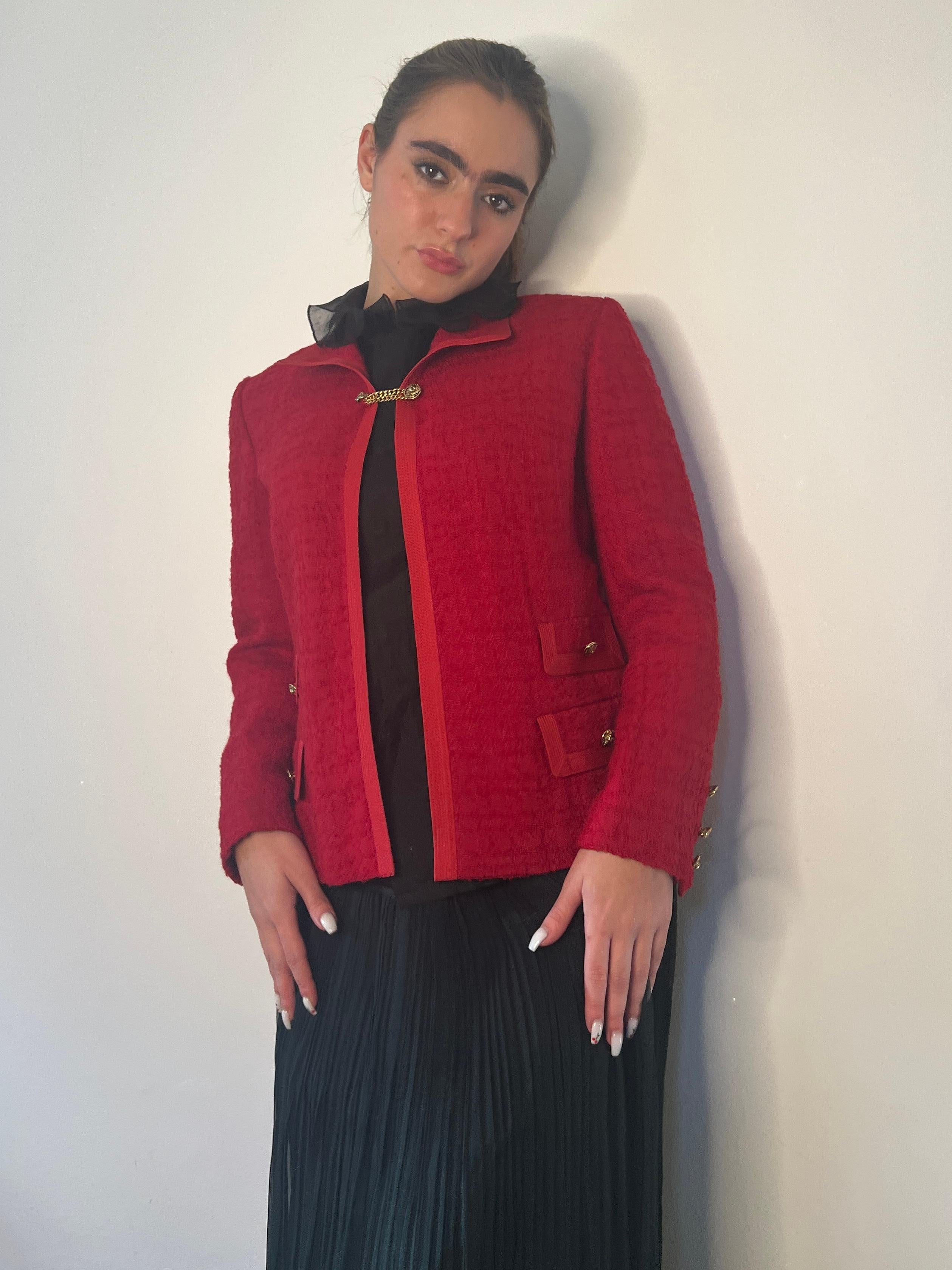 1960s Red Boucle Wool Tweed and Lion Button Jacket For Sale 4